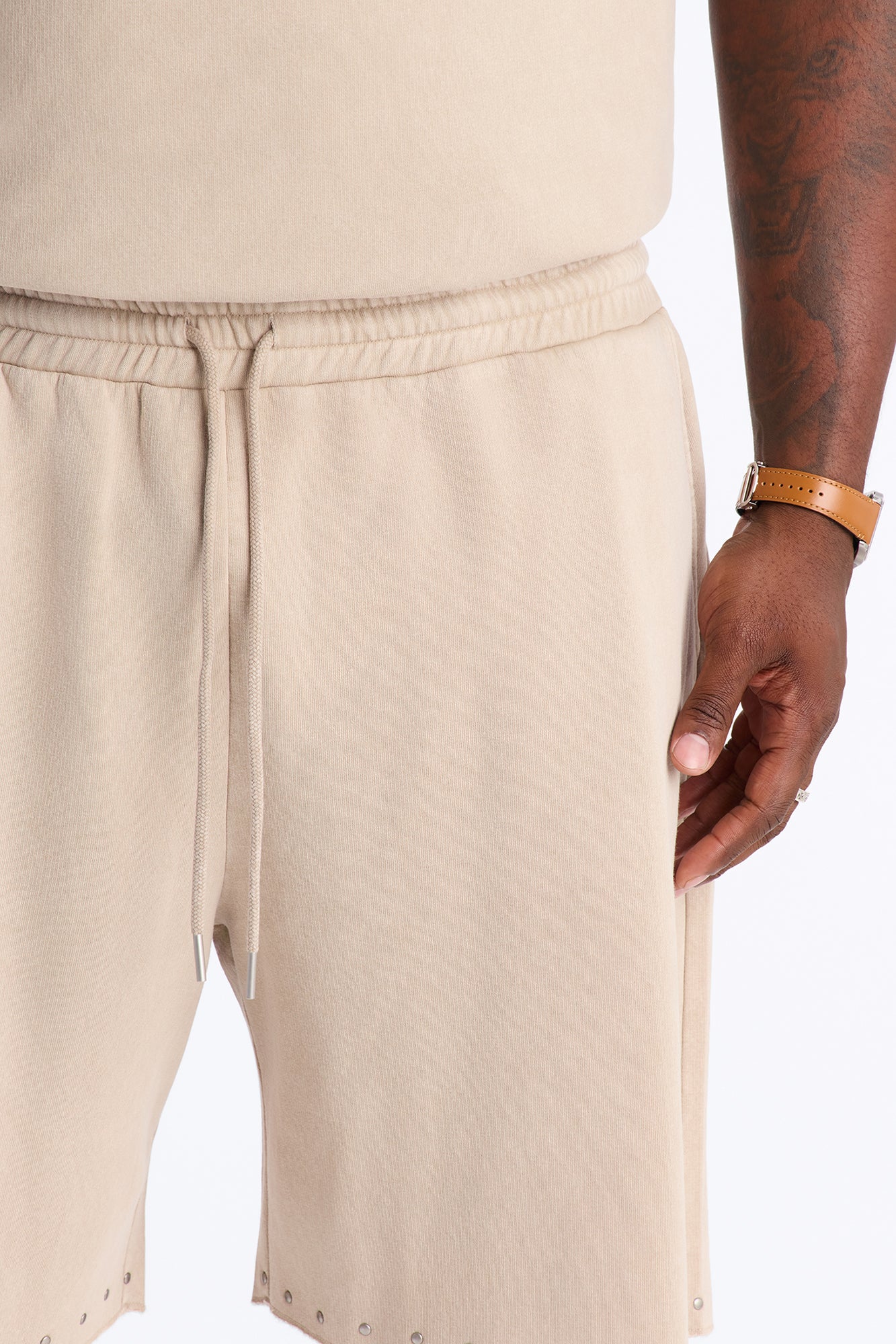 Relaxed Washed Raw Edge Studded Sweatshort - Stone