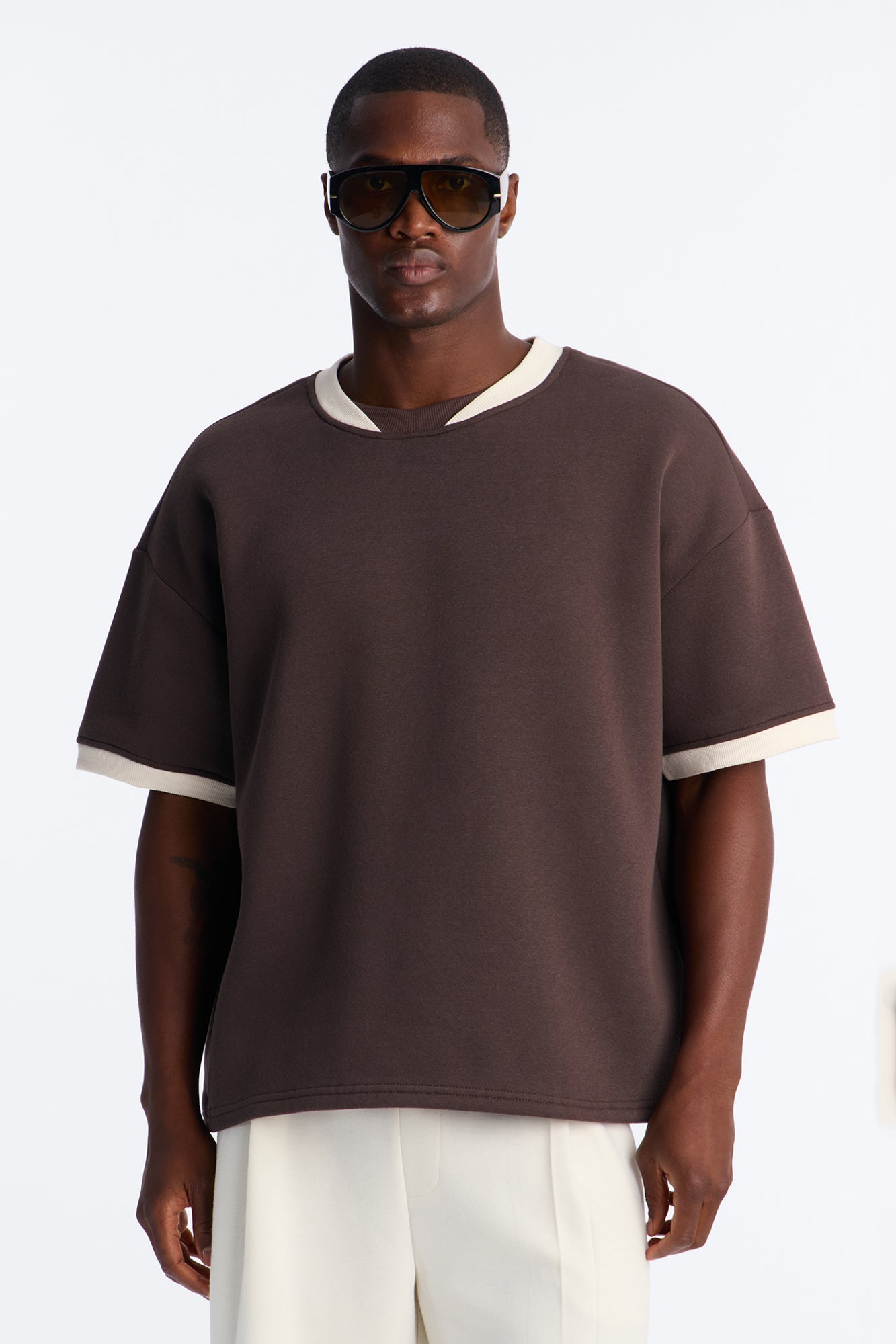 Slater Oversized Fleece Ringer Tee - Brown/combo
