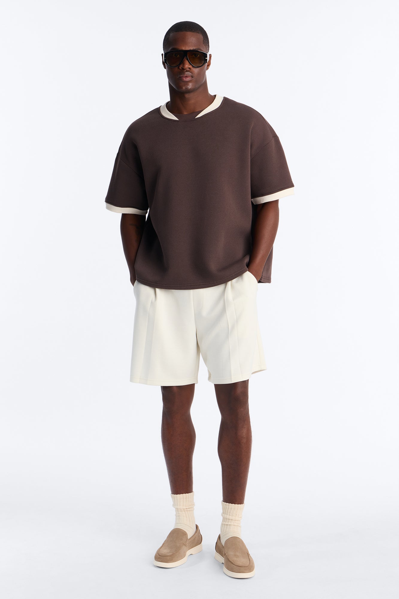 Slater Oversized Fleece Ringer Tee - Brown/combo