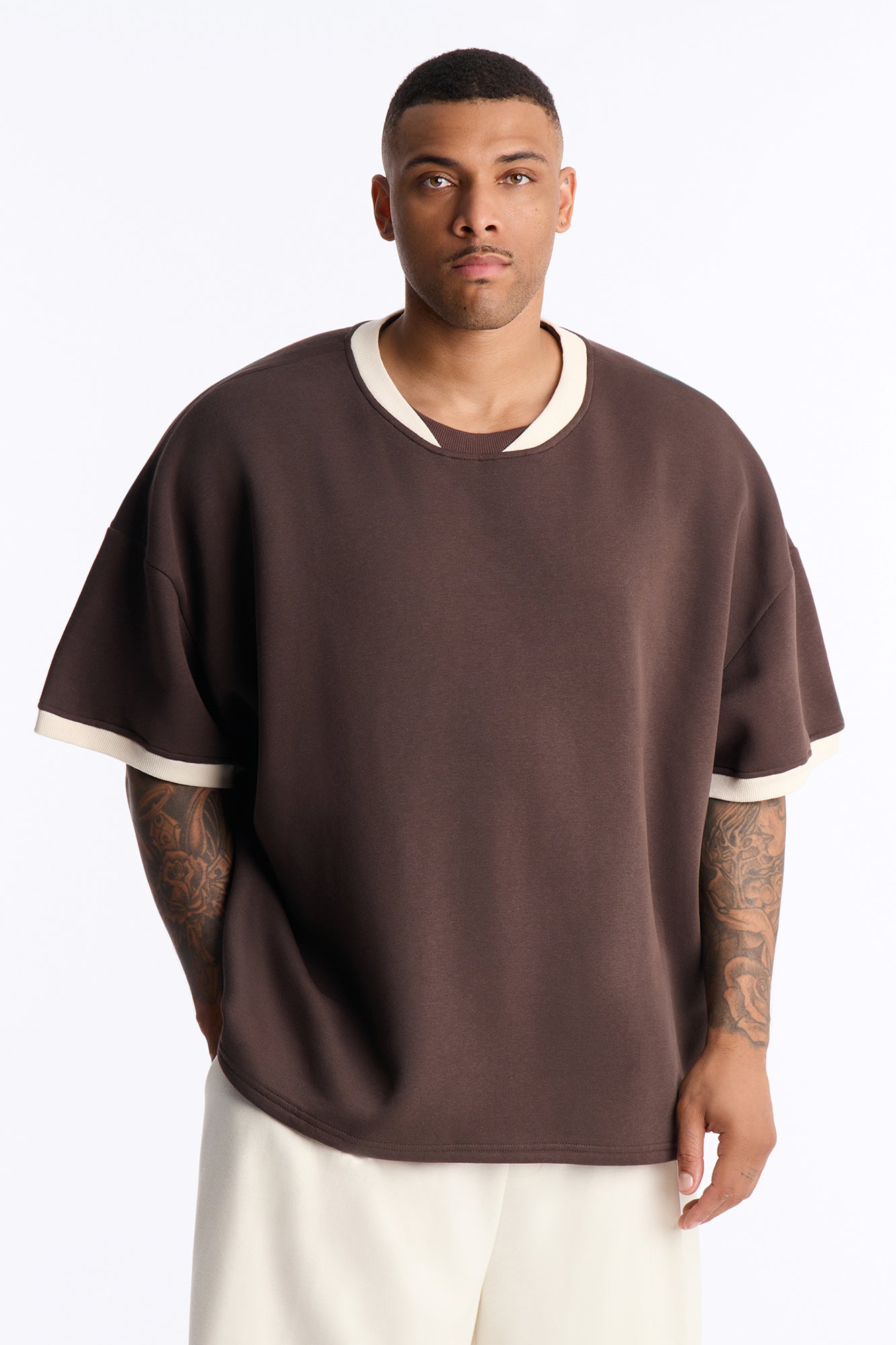 Slater Oversized Fleece Ringer Tee - Brown/combo