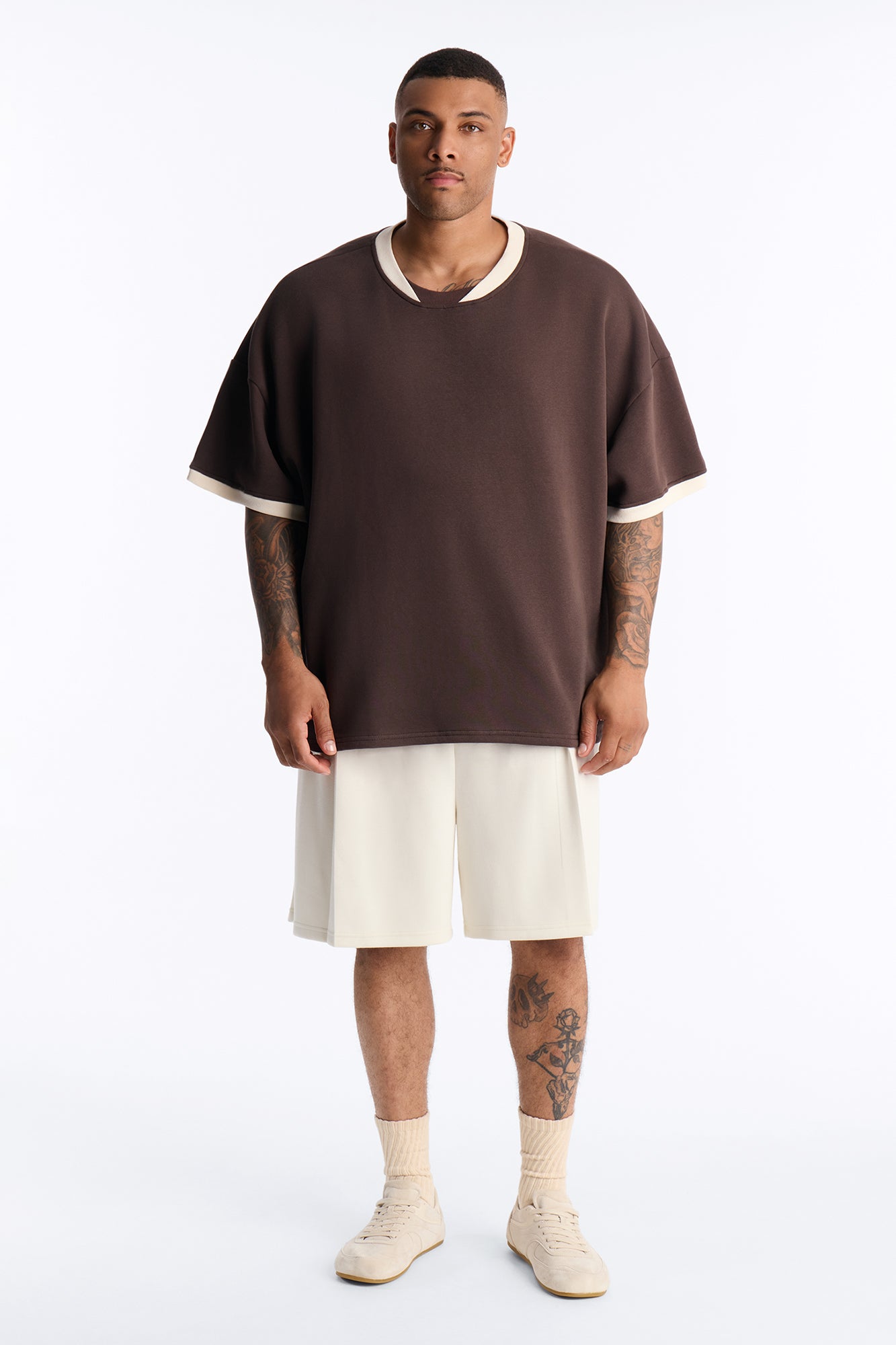Slater Oversized Fleece Ringer Tee - Brown/combo