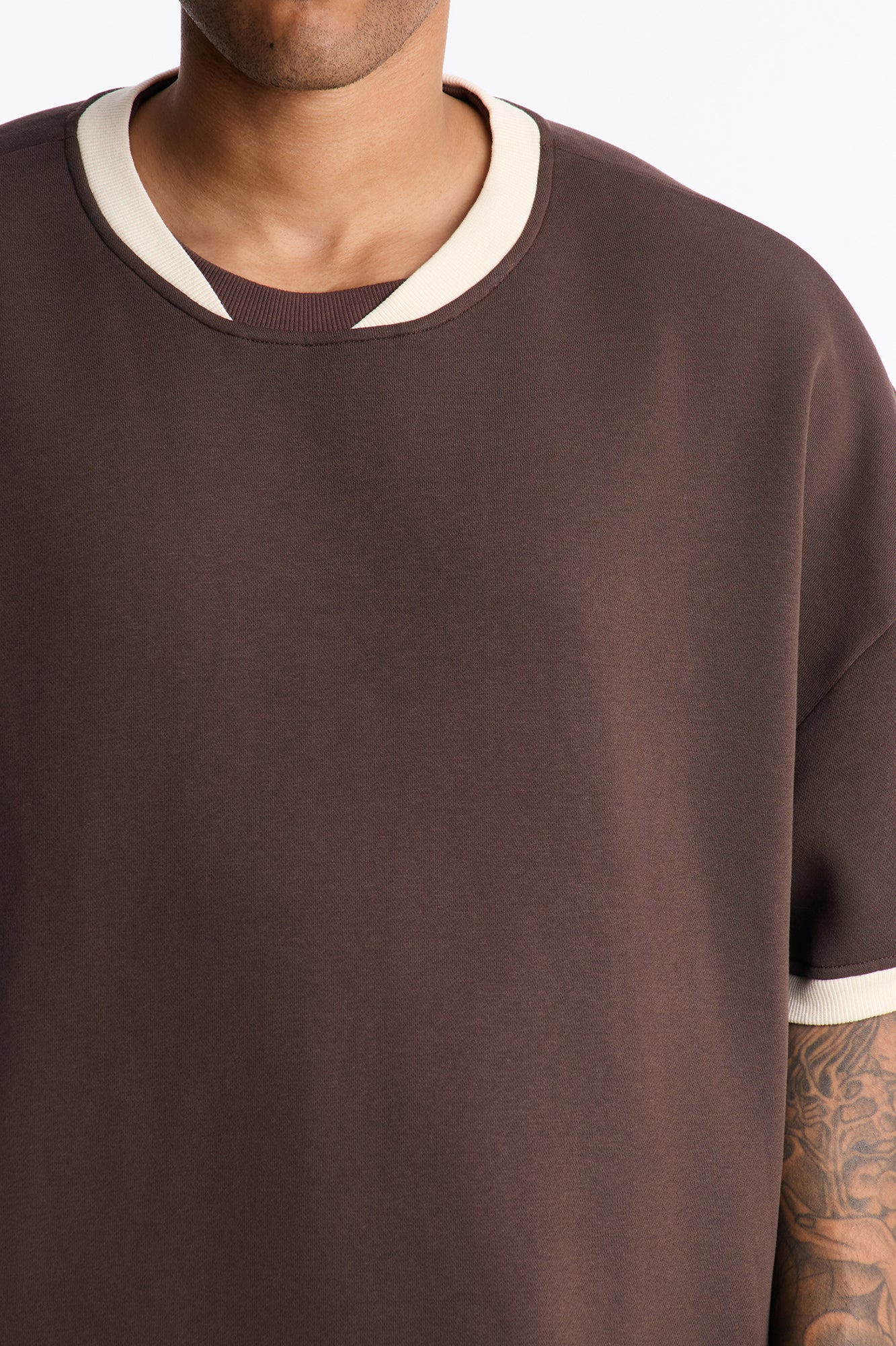 Slater Oversized Fleece Ringer Tee - Brown/combo