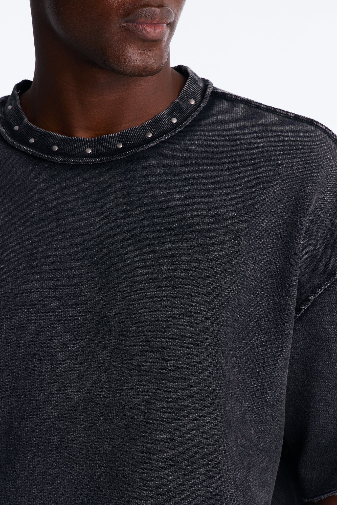Oversized Punk Washed Raw Edge Studded Fleece Tee - Black