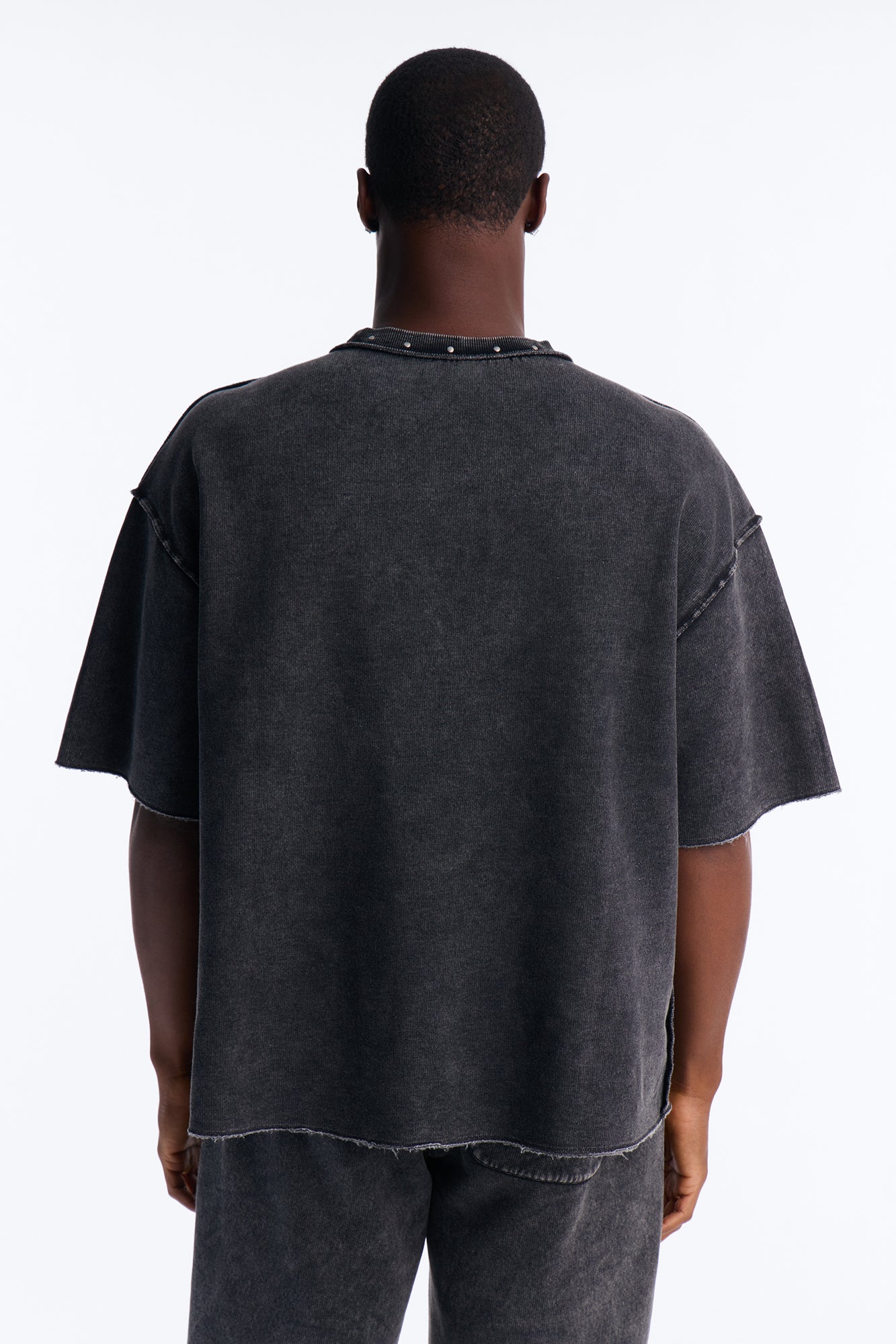 Oversized Punk Washed Raw Edge Studded Fleece Tee - Black