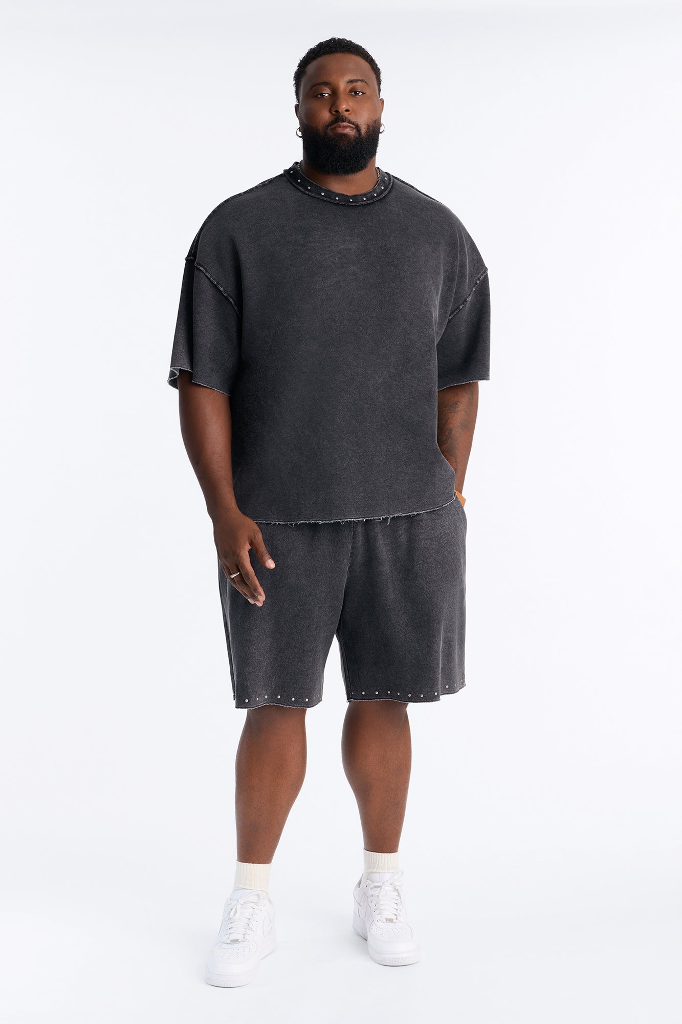 Oversized Punk Washed Raw Edge Studded Fleece Tee - Black