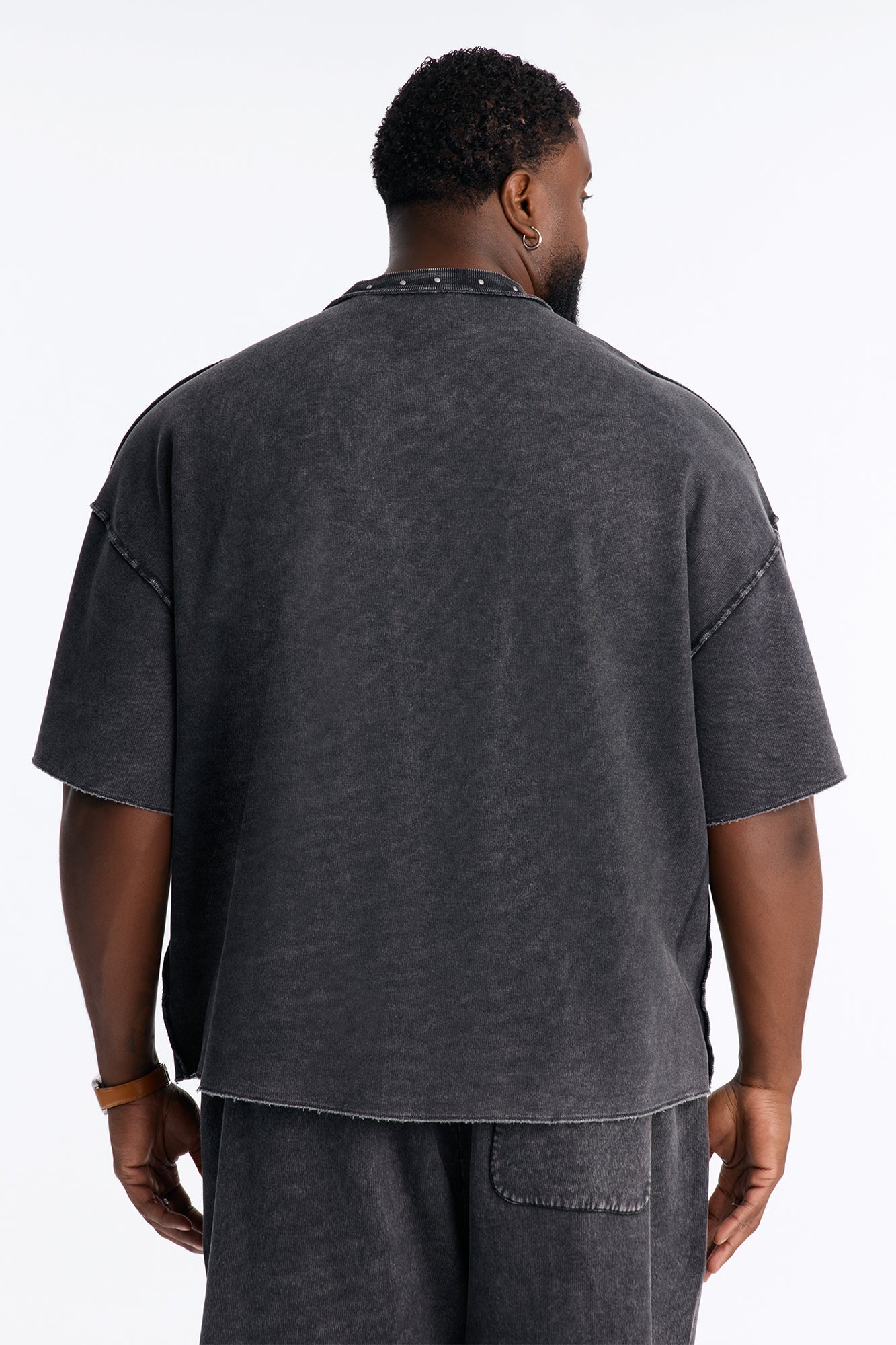 Oversized Punk Washed Raw Edge Studded Fleece Tee - Black