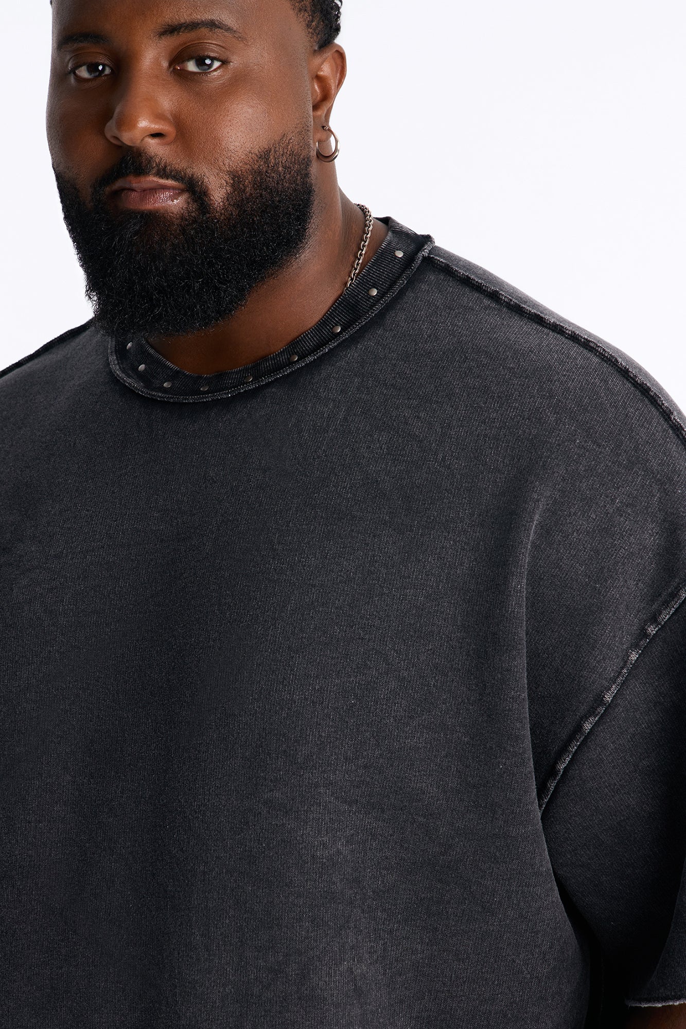 Oversized Punk Washed Raw Edge Studded Fleece Tee - Black