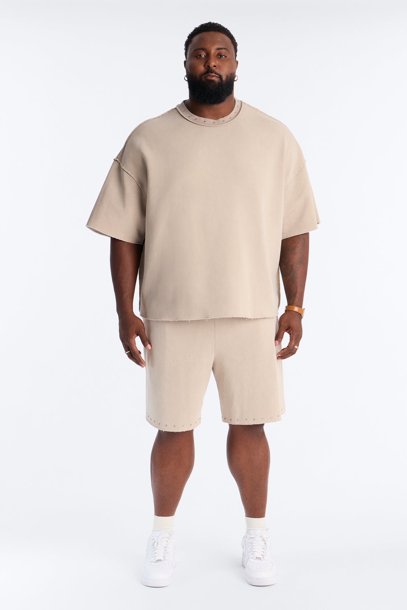 Oversized Punk Washed Raw Edge Studded Fleece Tee - Stone