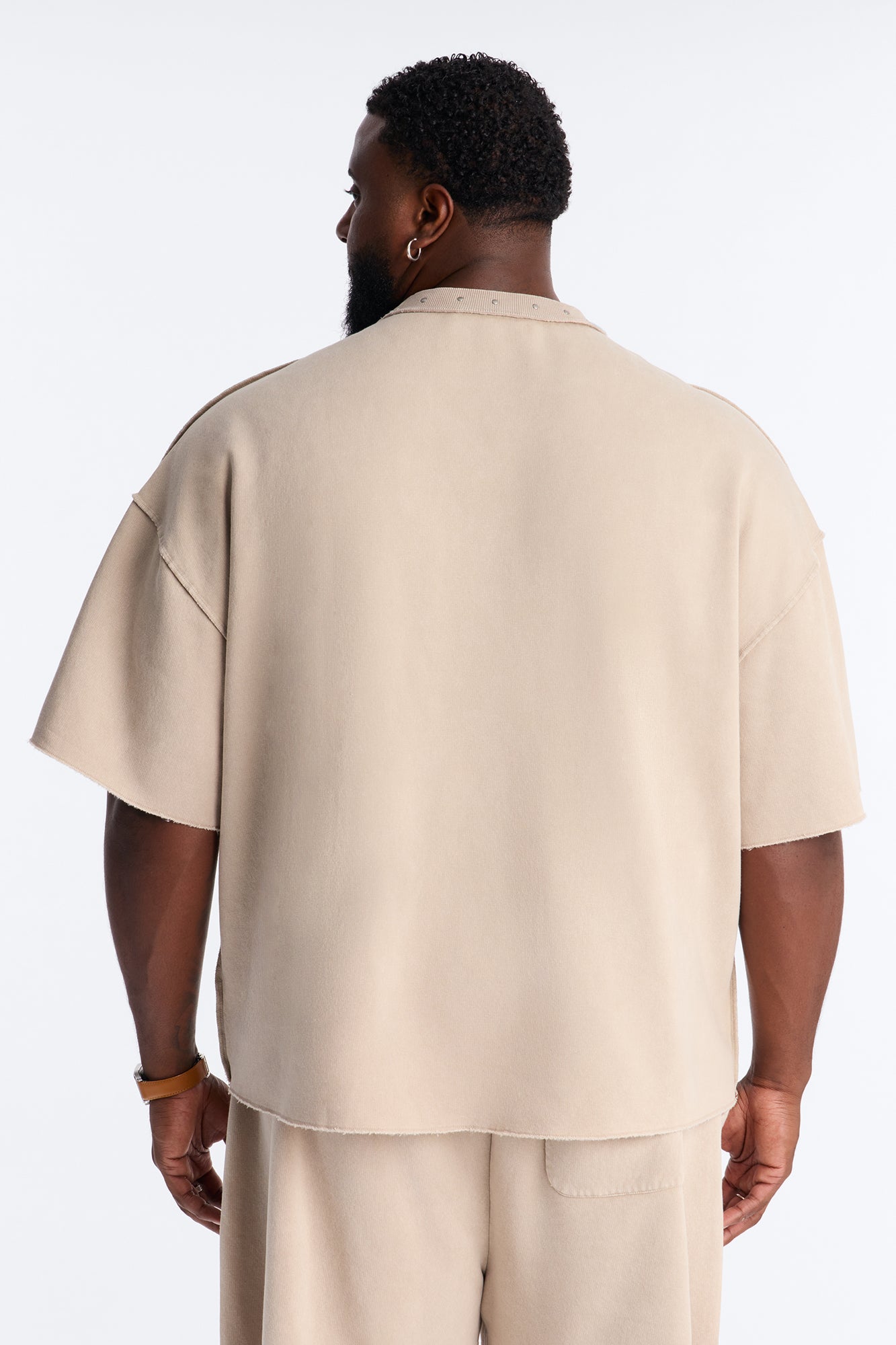 Oversized Punk Washed Raw Edge Studded Fleece Tee - Stone