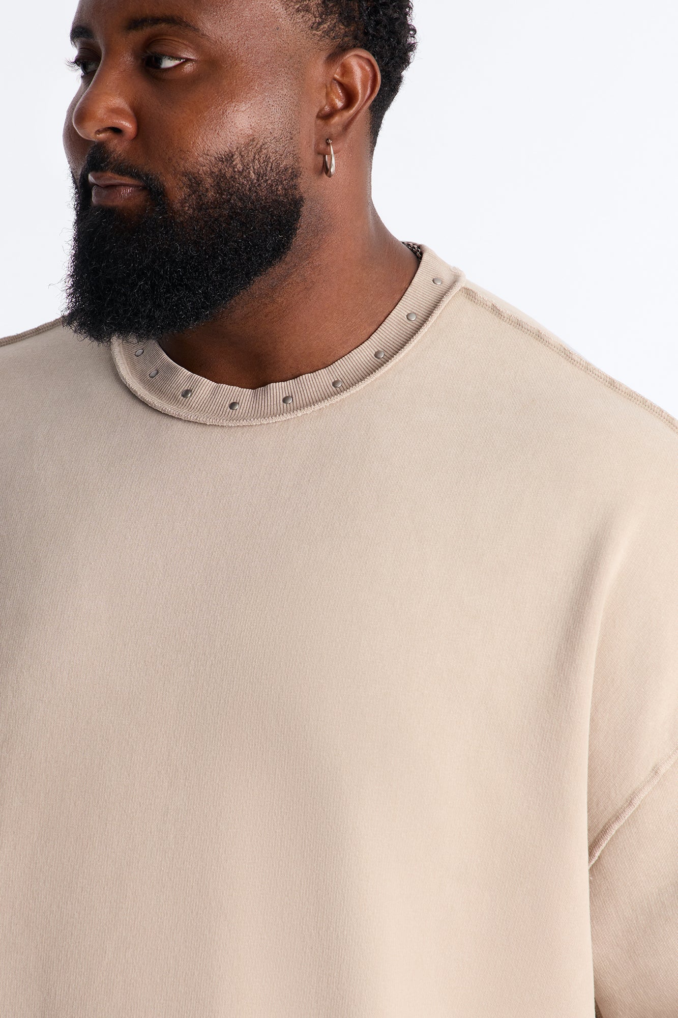 Oversized Punk Washed Raw Edge Studded Fleece Tee - Stone