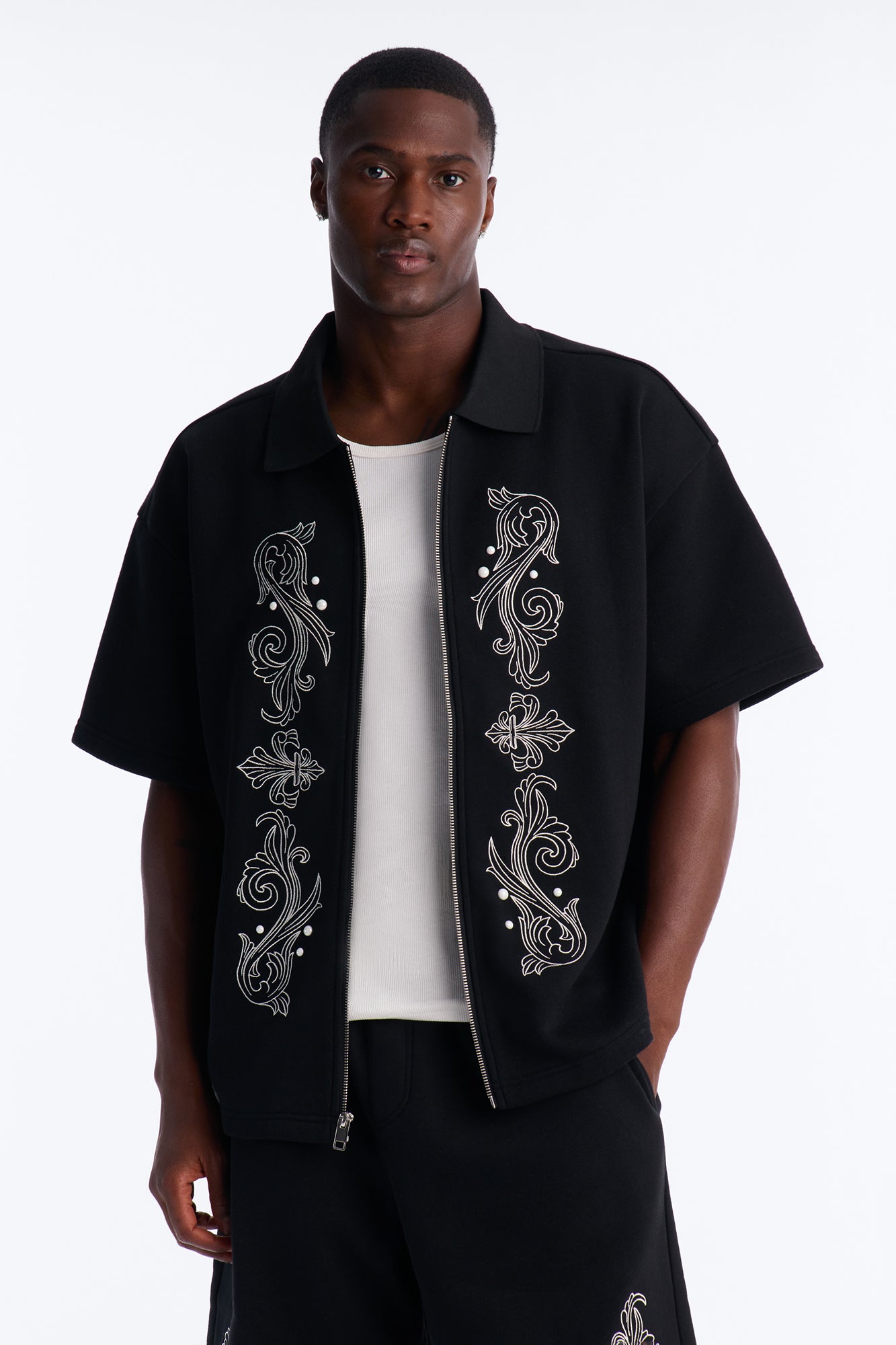 Oversized Royalty Pearl Embroidered Full Zip Polo - Black
