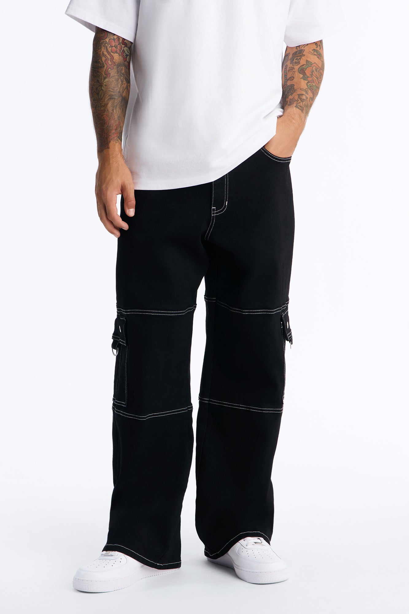 Contrast Stitch D-Ring Baggy Cargo Jean - Black