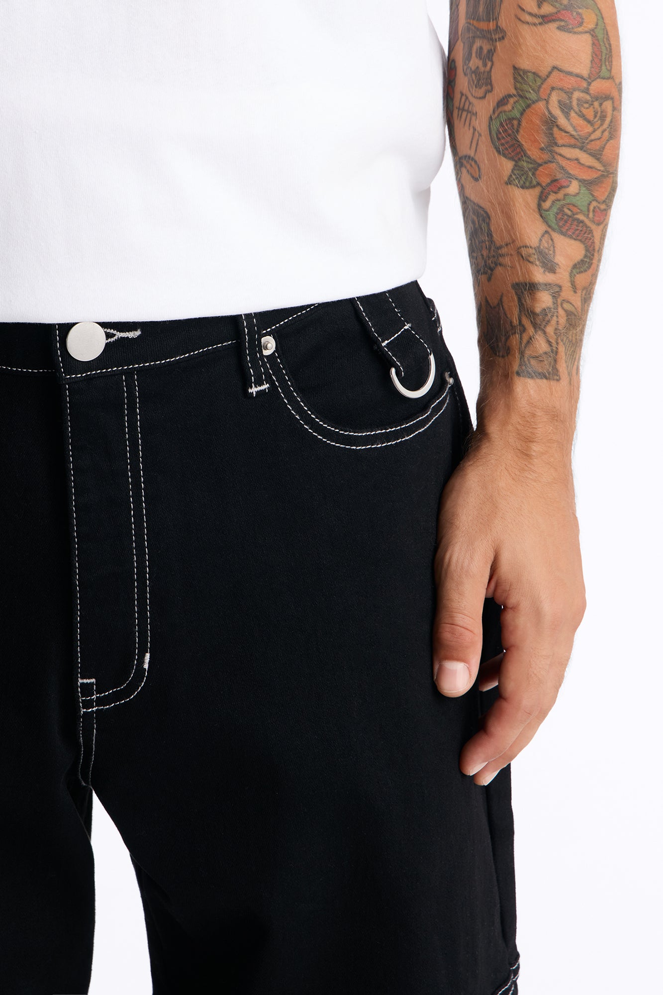 Contrast Stitch D-Ring Baggy Cargo Jean - Black