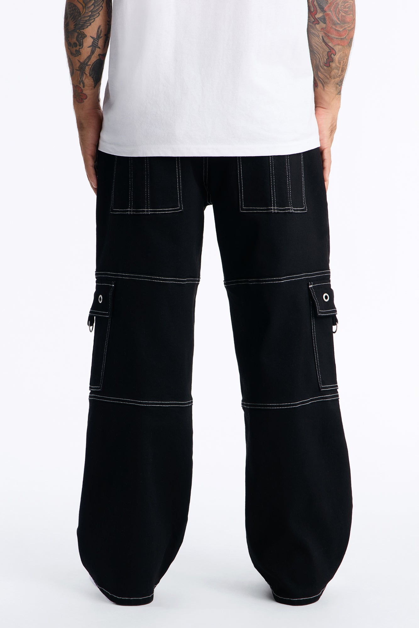 Contrast Stitch D-Ring Baggy Cargo Jean - Black