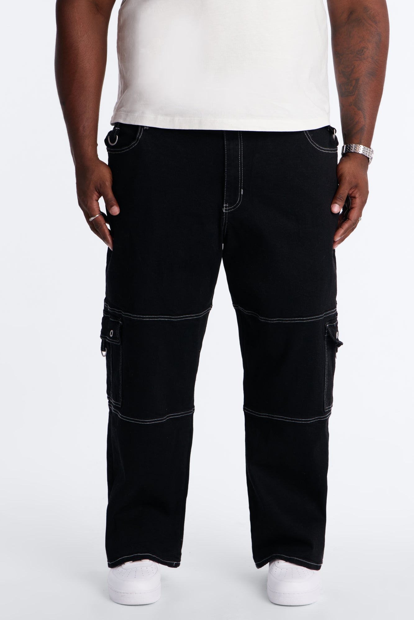 Contrast Stitch D-Ring Baggy Cargo Jean - Black