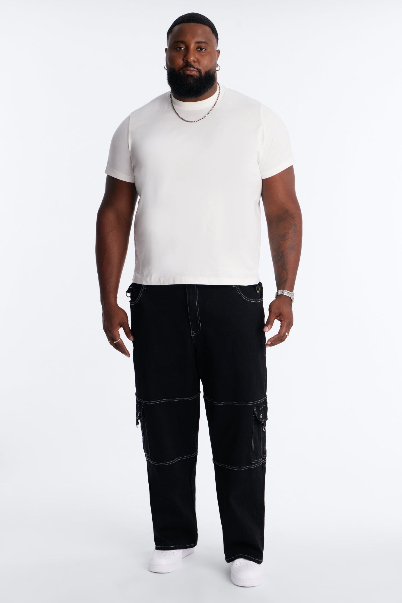 Contrast Stitch D-Ring Baggy Cargo Jean - Black