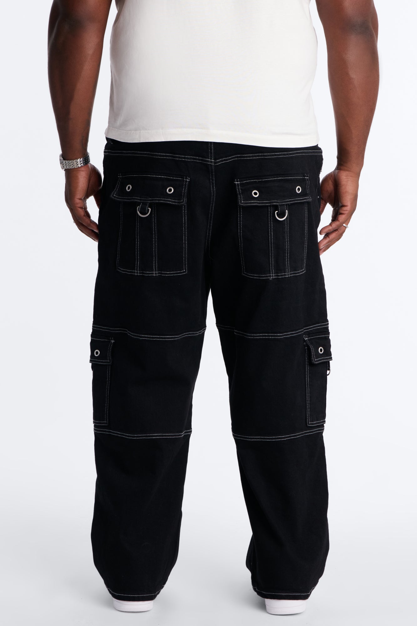 Contrast Stitch D-Ring Baggy Cargo Jean - Black