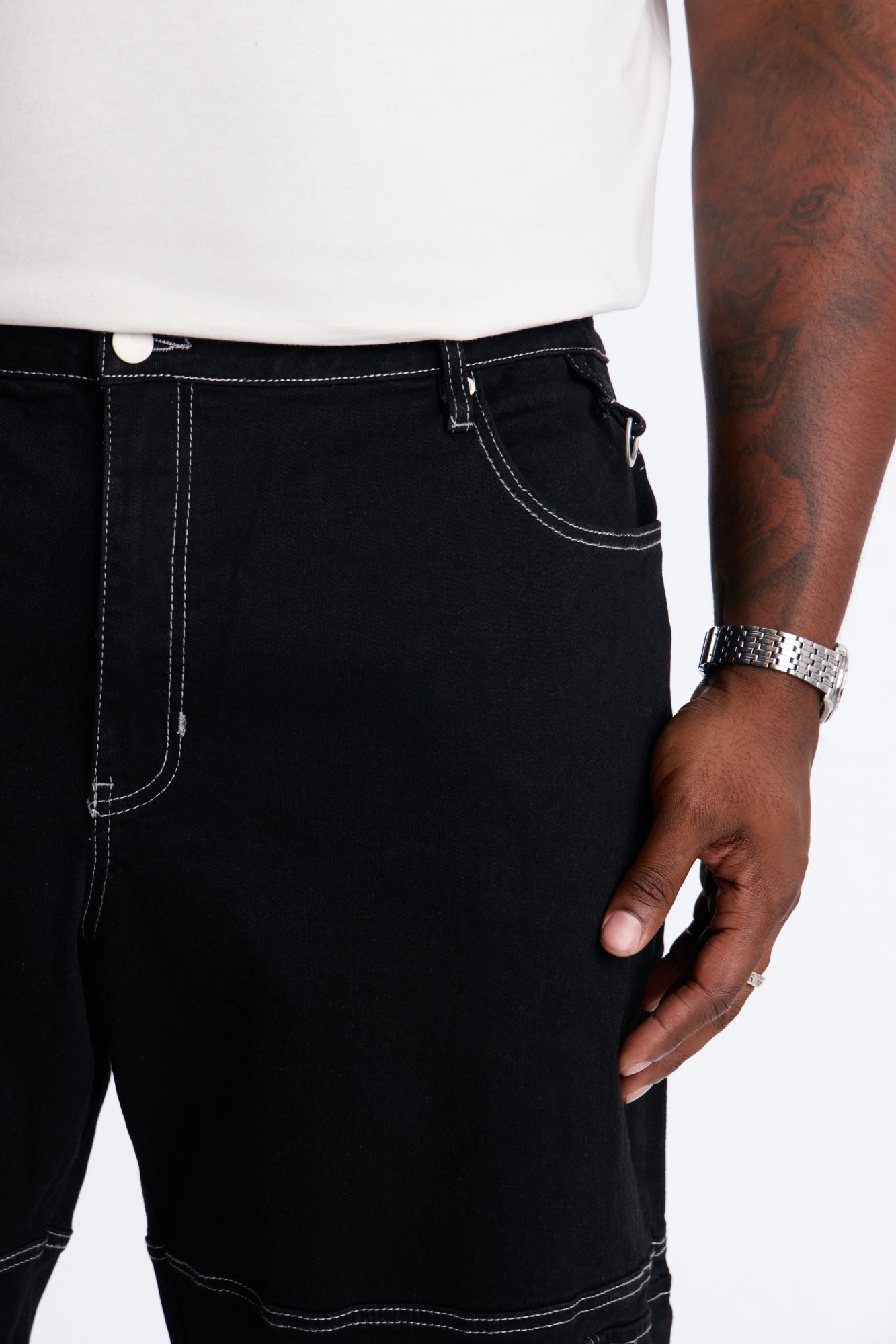 Contrast Stitch D-Ring Baggy Cargo Jean - Black