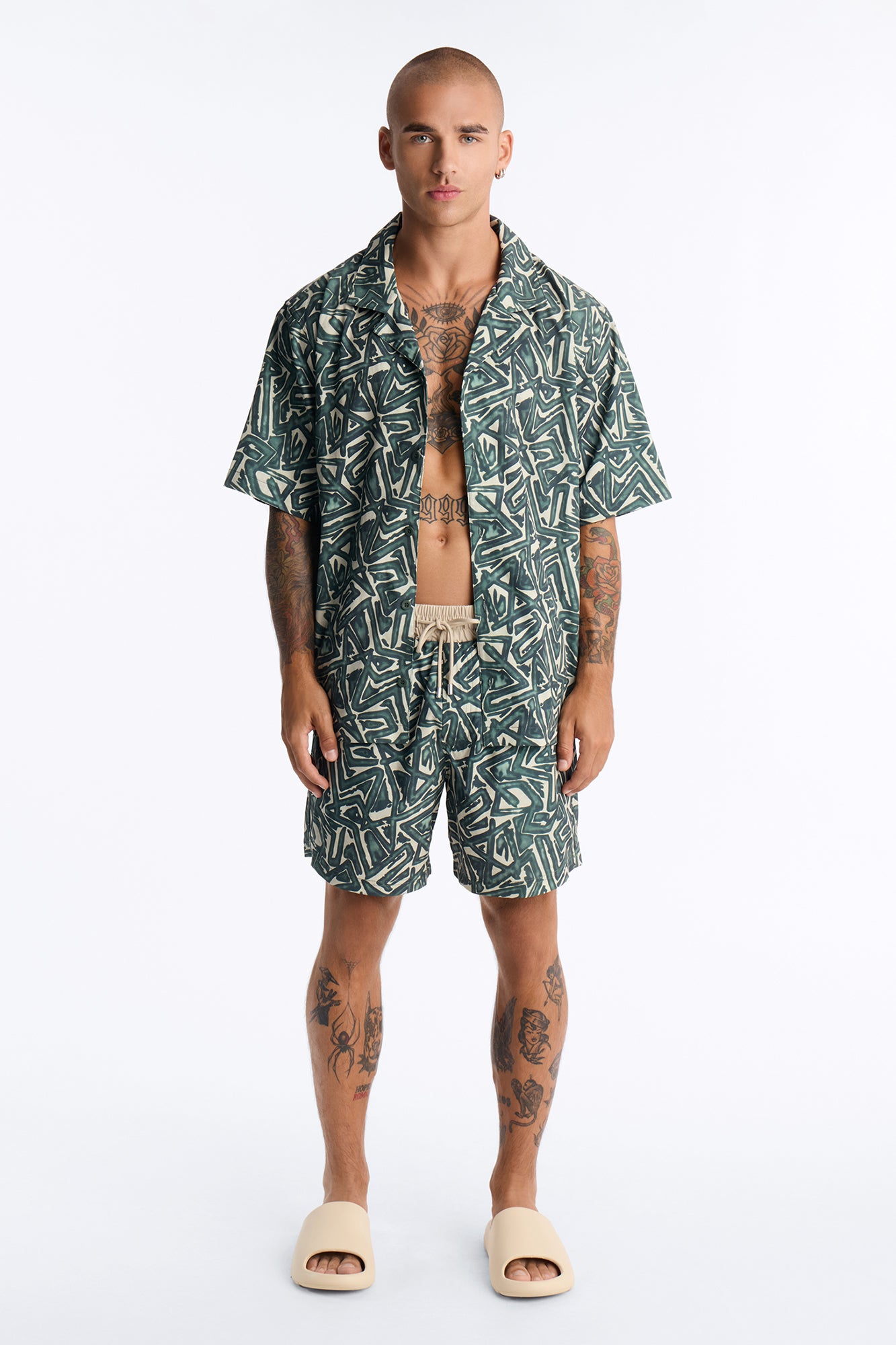 Relaxed Tidal Vector Cuban Collar Button Up Shirt - Green/combo