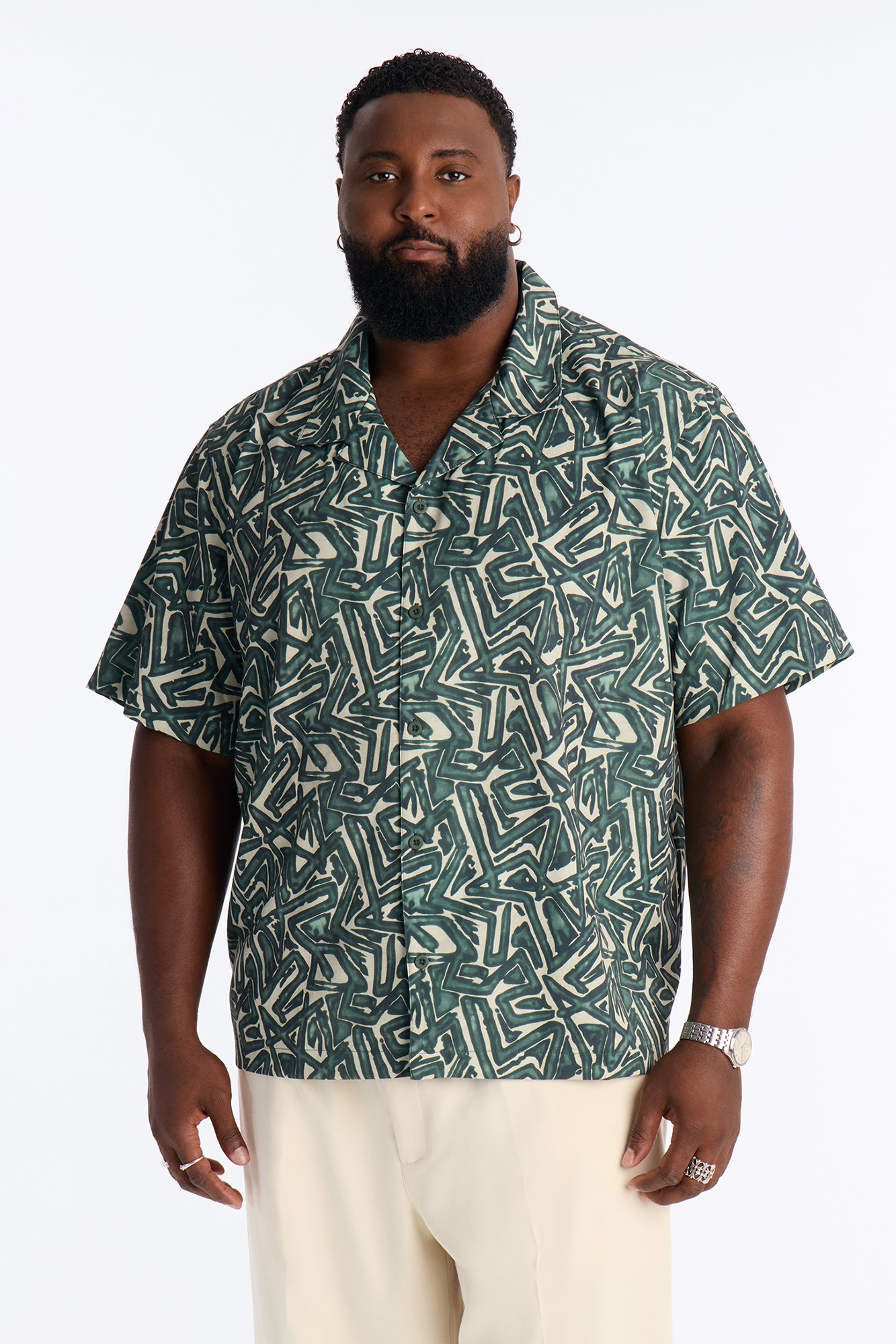 Relaxed Tidal Vector Cuban Collar Button Up Shirt - Green/combo