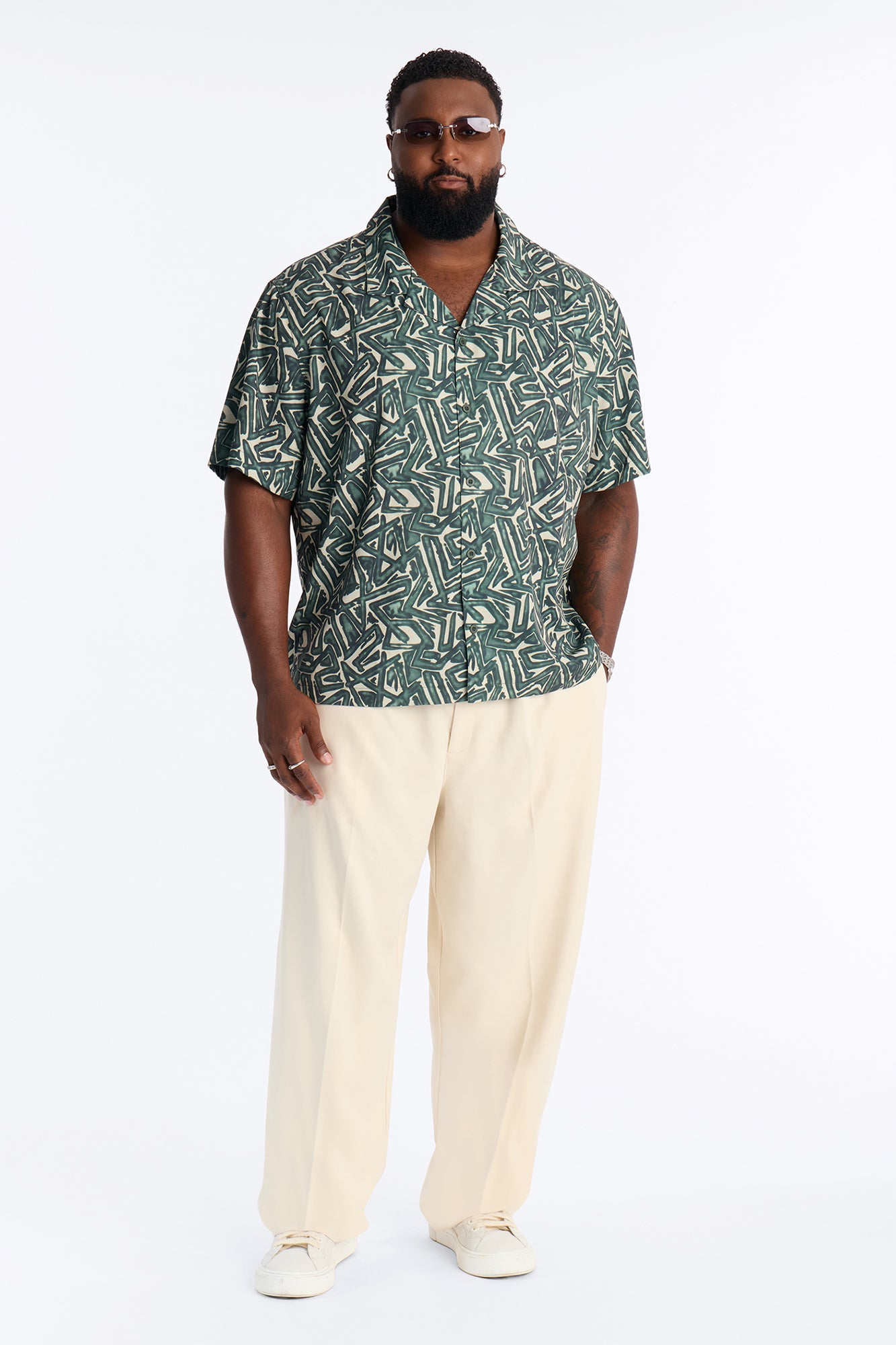 Relaxed Tidal Vector Cuban Collar Button Up Shirt - Green/combo