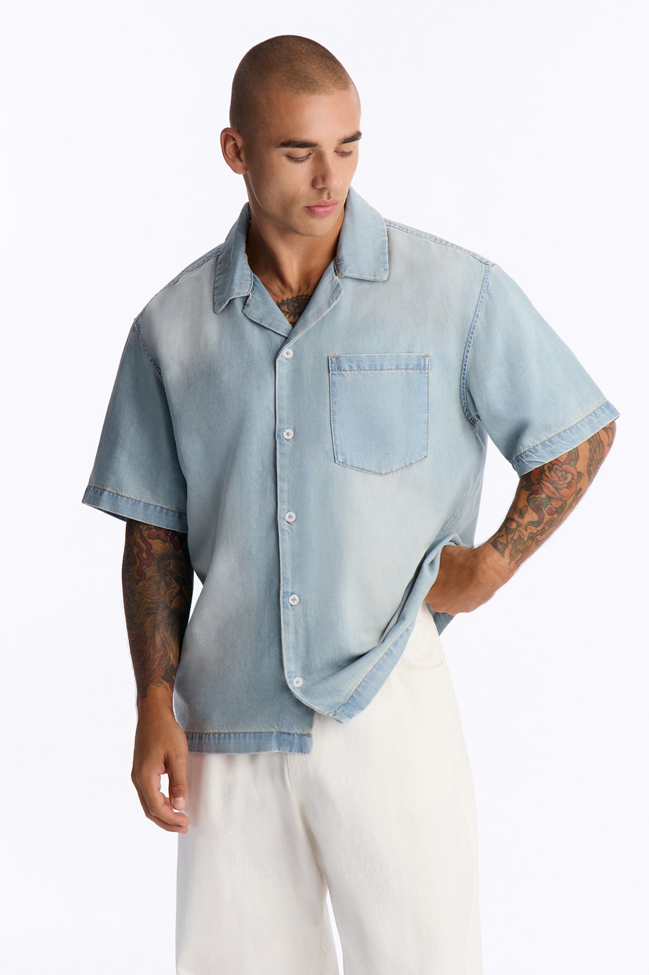 Everyday Hemp Relaxed Cuban Collar Denim Shirt - Light Blue Wash