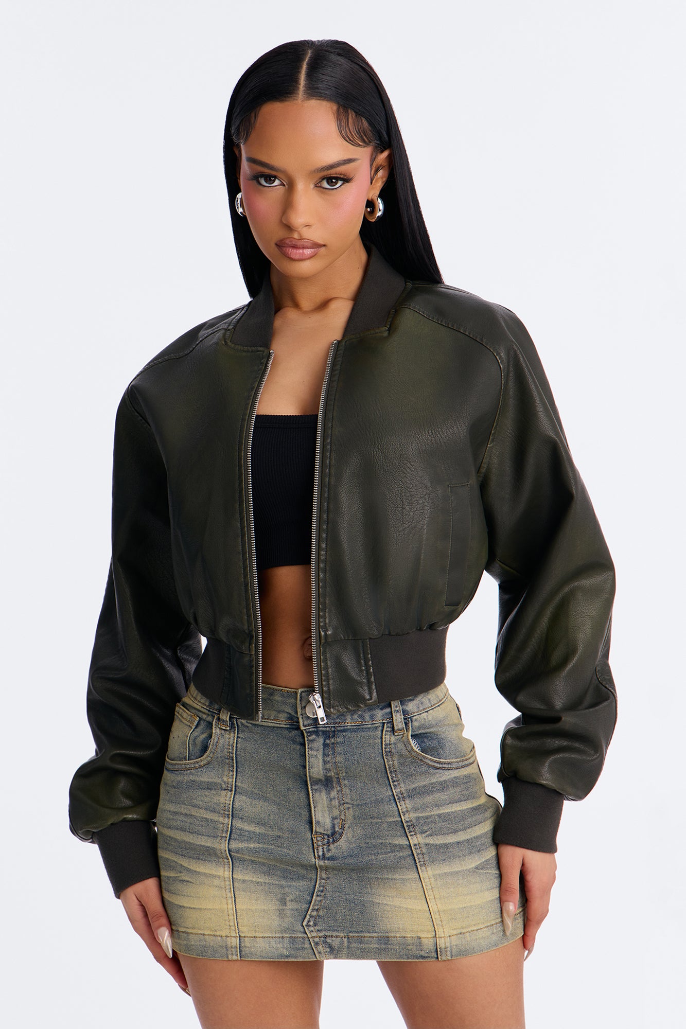 Reese Cropped Faux Leather Bomber Jacket - Olive