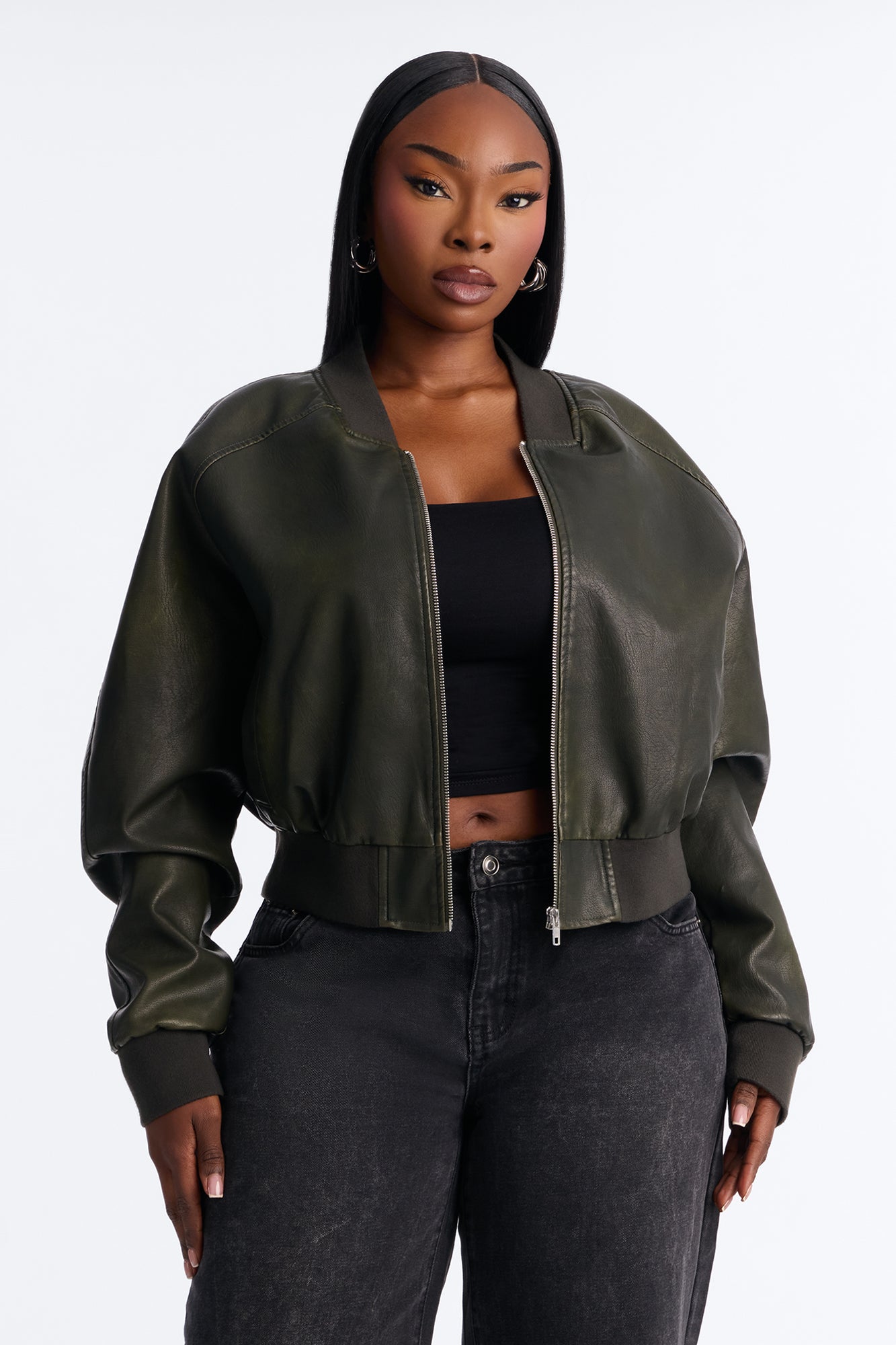 Reese Cropped Faux Leather Bomber Jacket - Olive