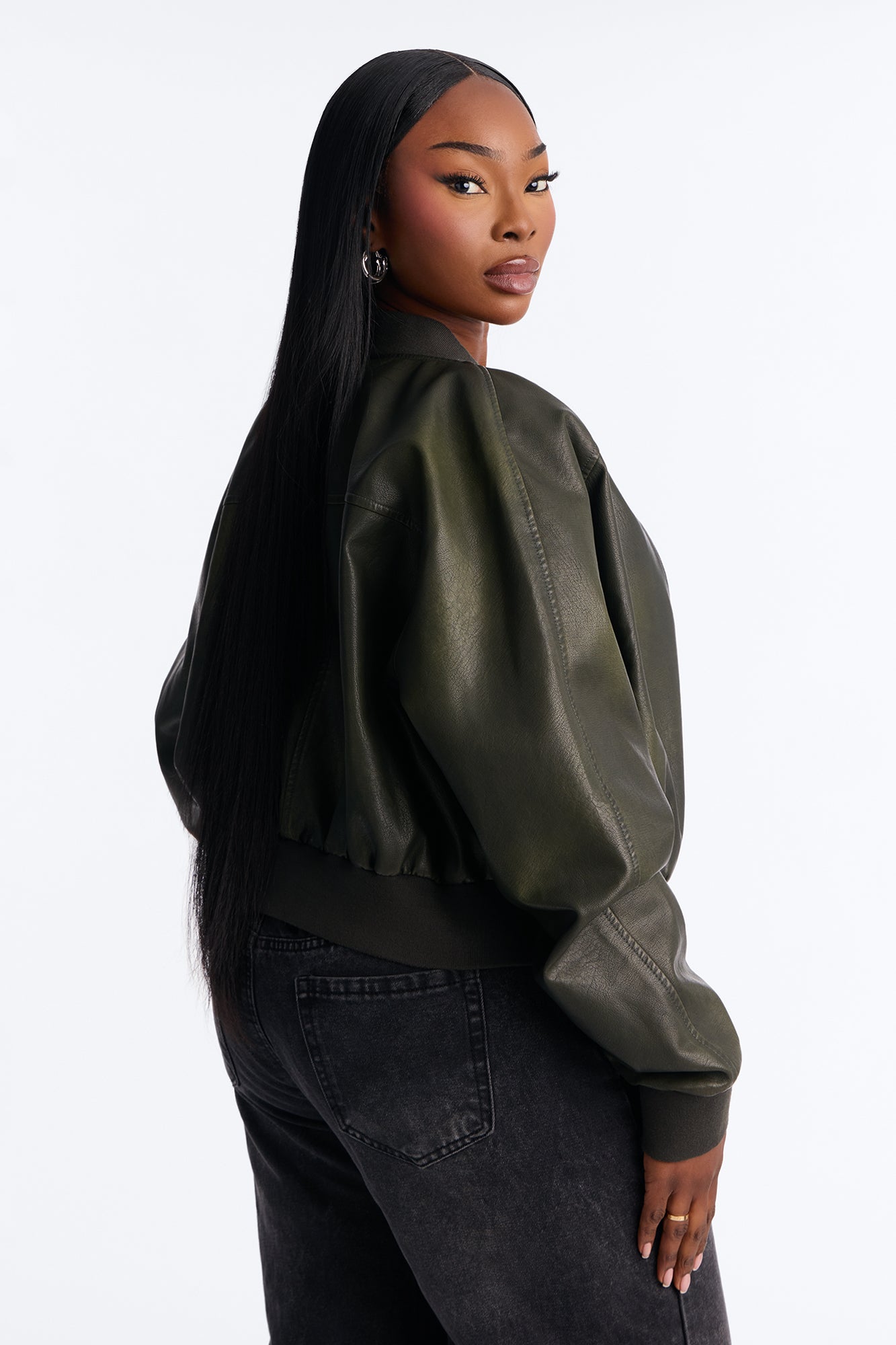 Reese Cropped Faux Leather Bomber Jacket - Olive