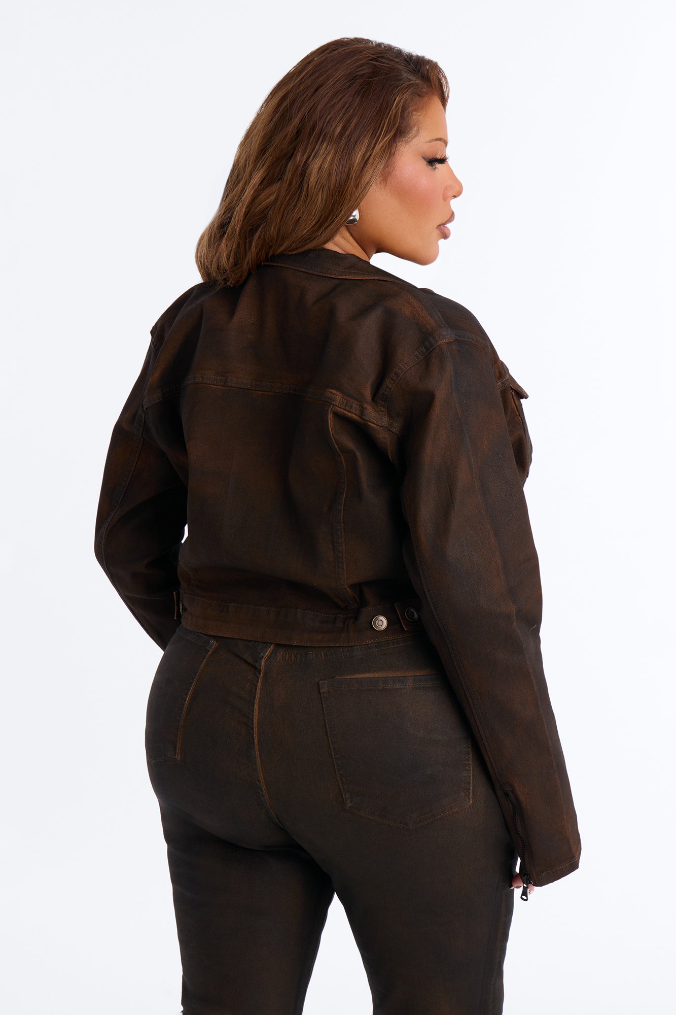 Bronzed Babe Coated Denim Trucker Jacket - Brown