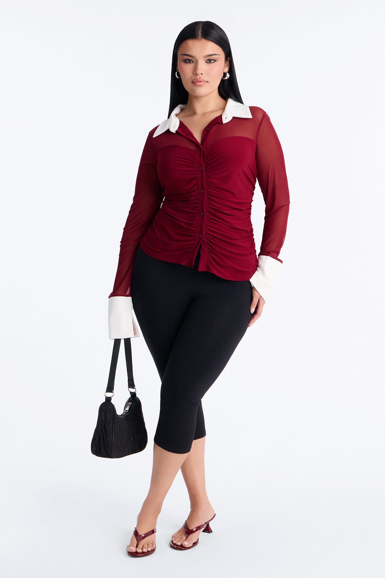 Strictly Yours Ruched Mesh Long Sleeve Shirt - Burgundy