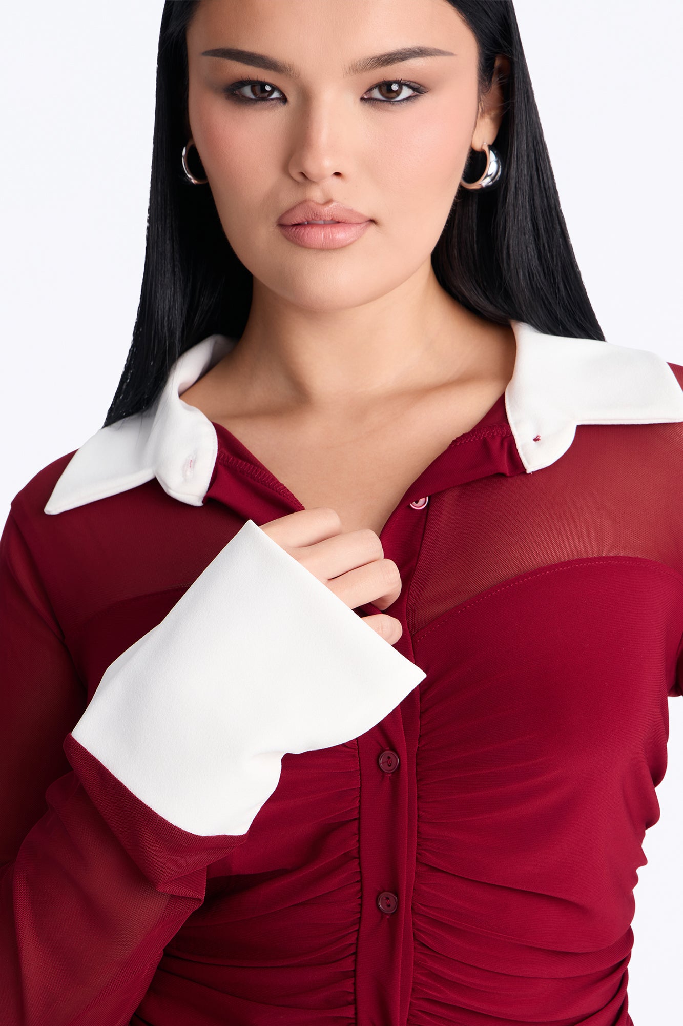 Strictly Yours Ruched Mesh Long Sleeve Shirt - Burgundy