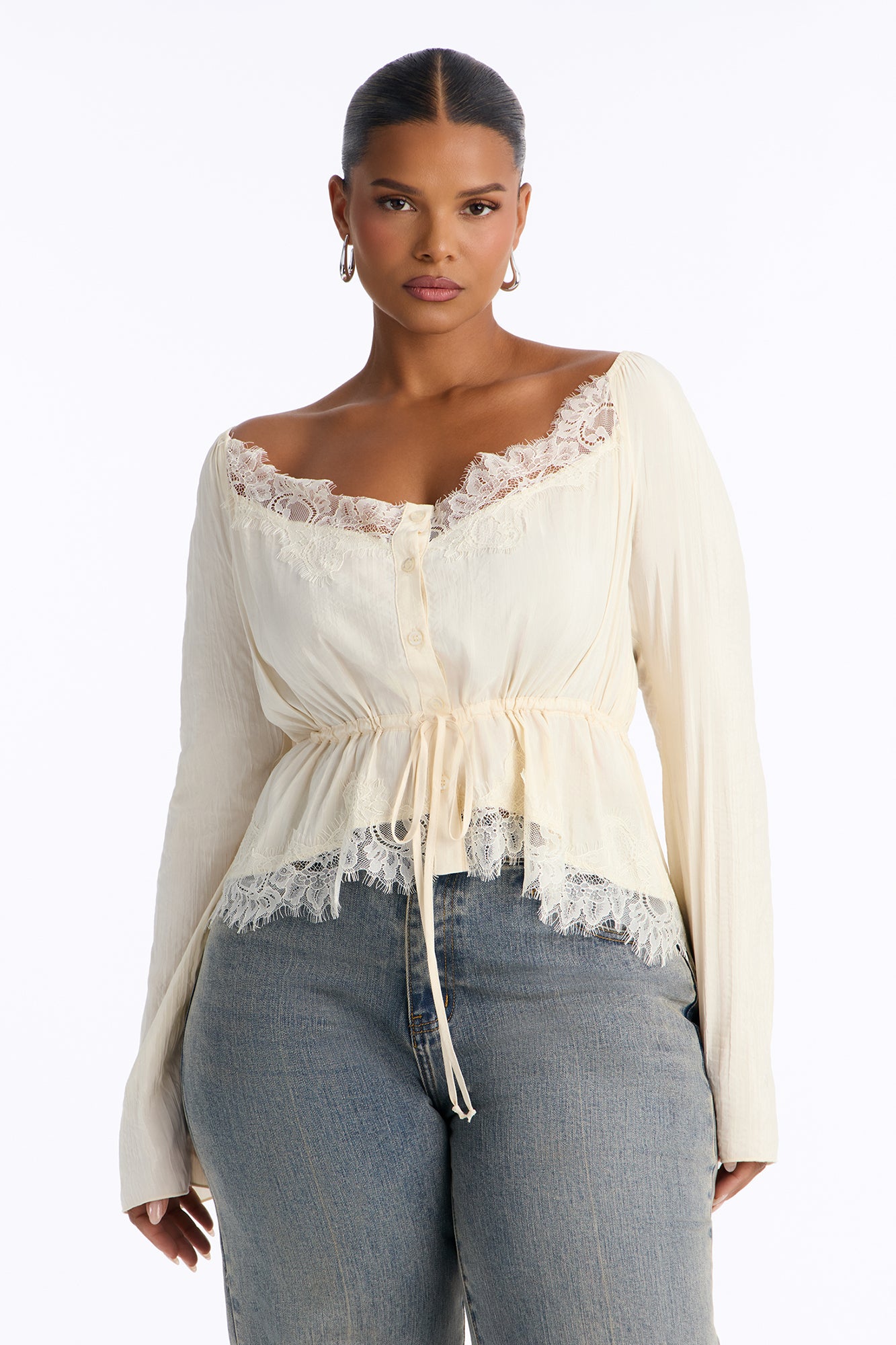 Nikola Lace Trim Button Up Blouse - Ivory