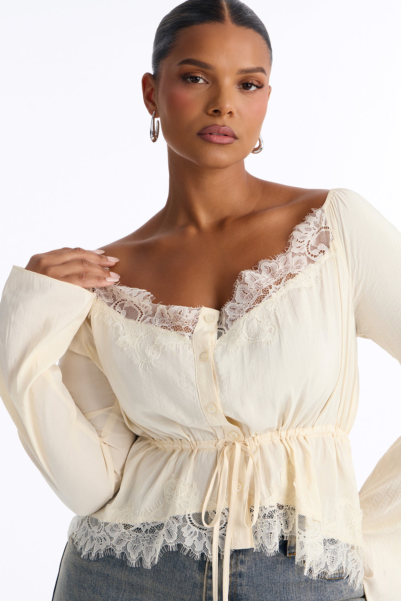 Nikola Lace Trim Button Up Blouse - Ivory