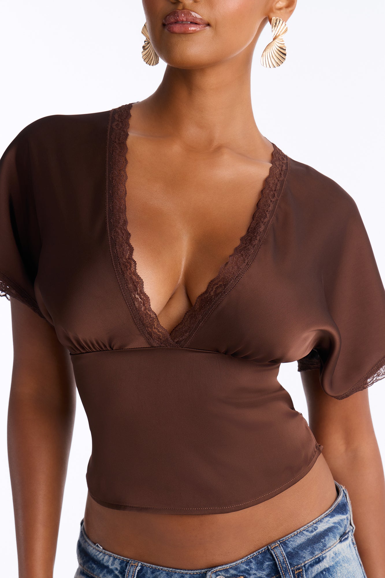 Still Yours V-Neck Satin Blouse - Chocolate