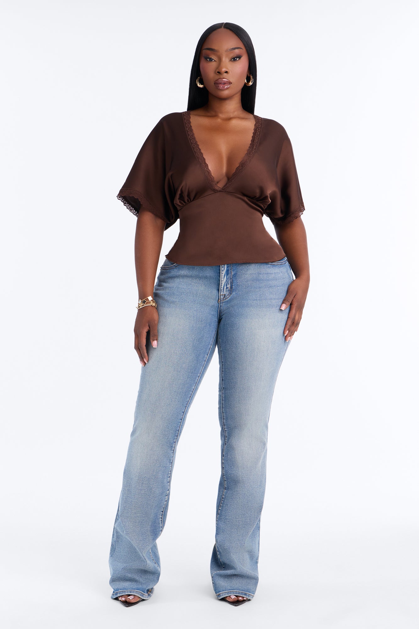Still Yours V-Neck Satin Blouse - Chocolate