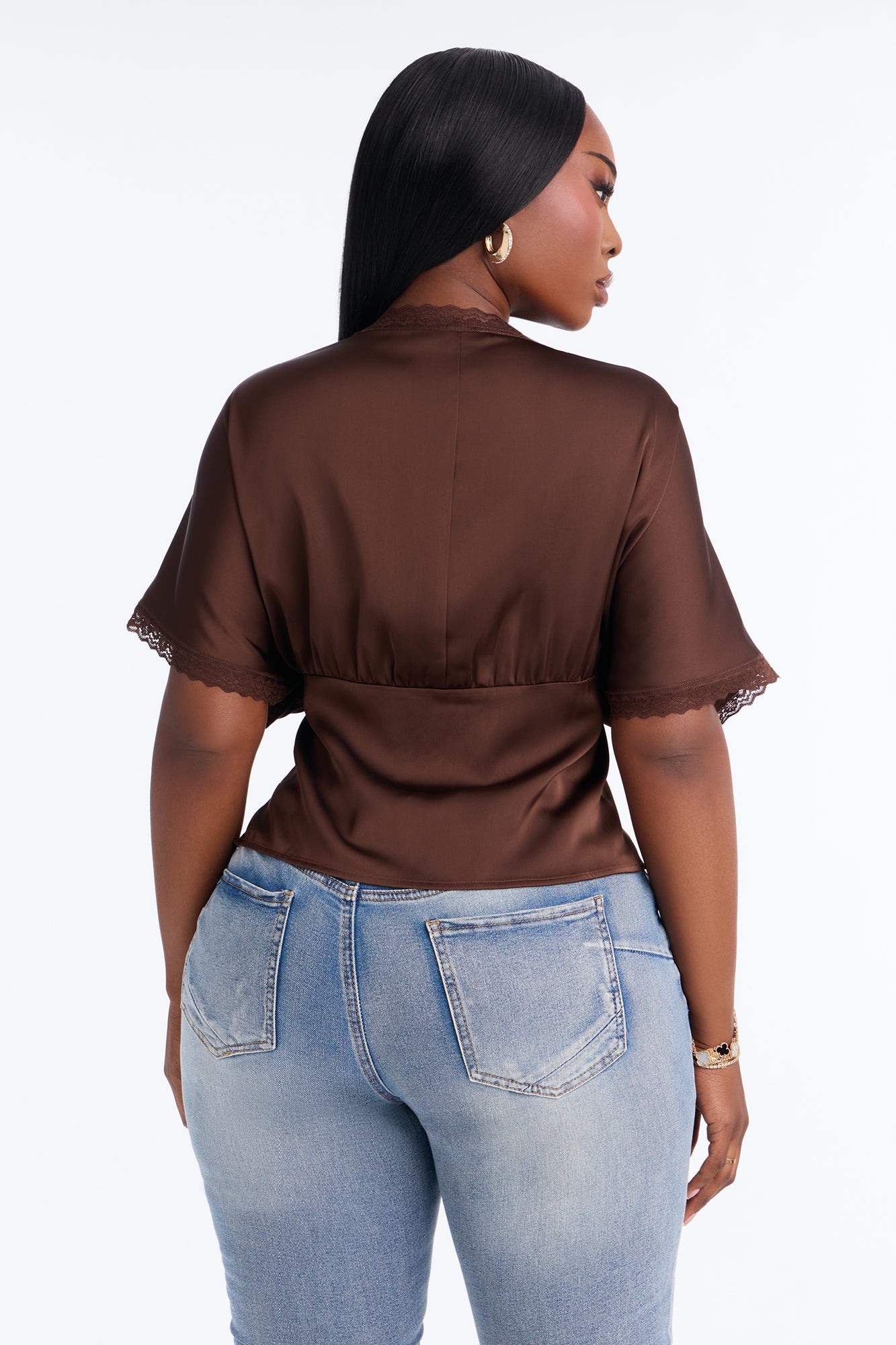 Still Yours V-Neck Satin Blouse - Chocolate