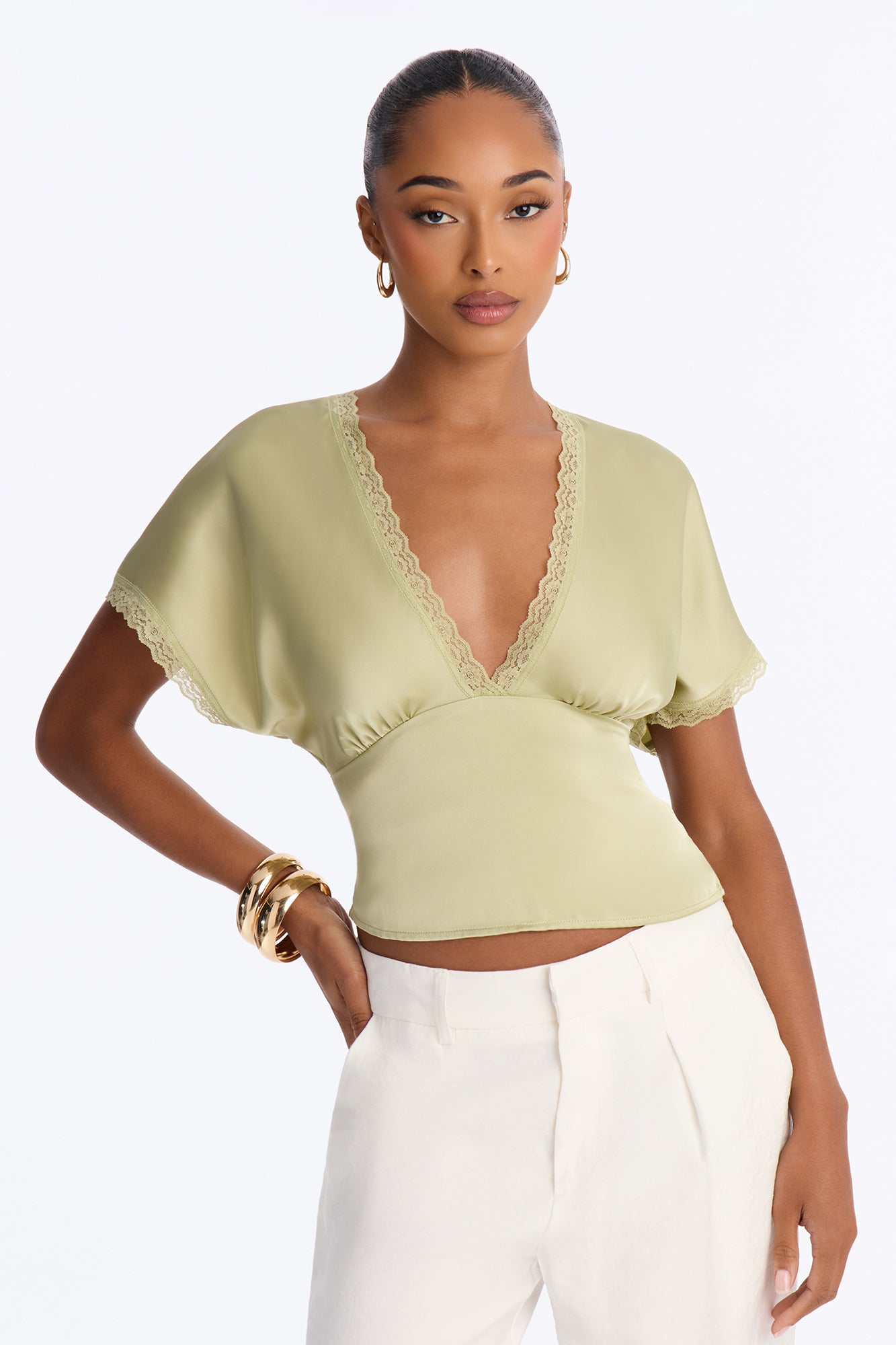 Still Yours V-Neck Satin Blouse - Sage