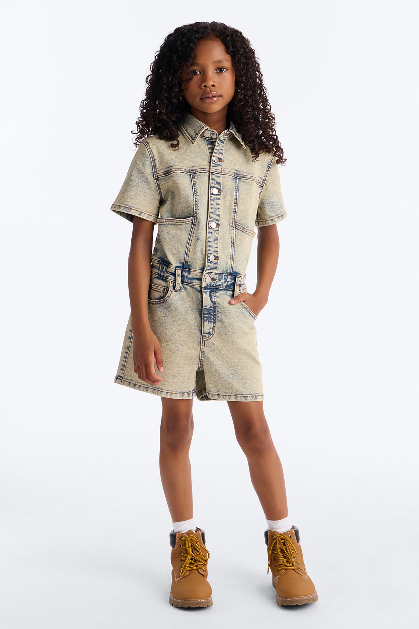 Mini Lucky Gal Vintage Wash Denim Romper - Light Wash