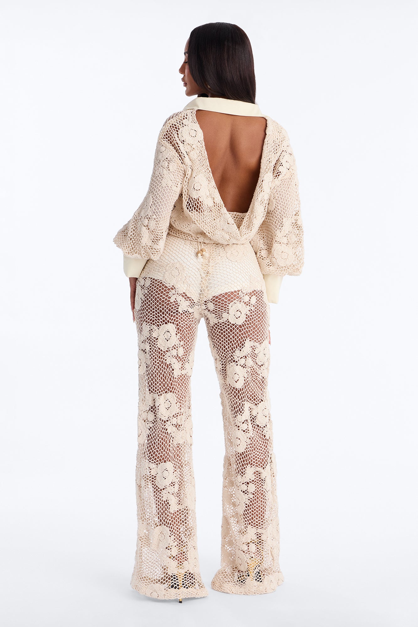 Iris Sequin Crochet 3 Piece Pant Set - Natural