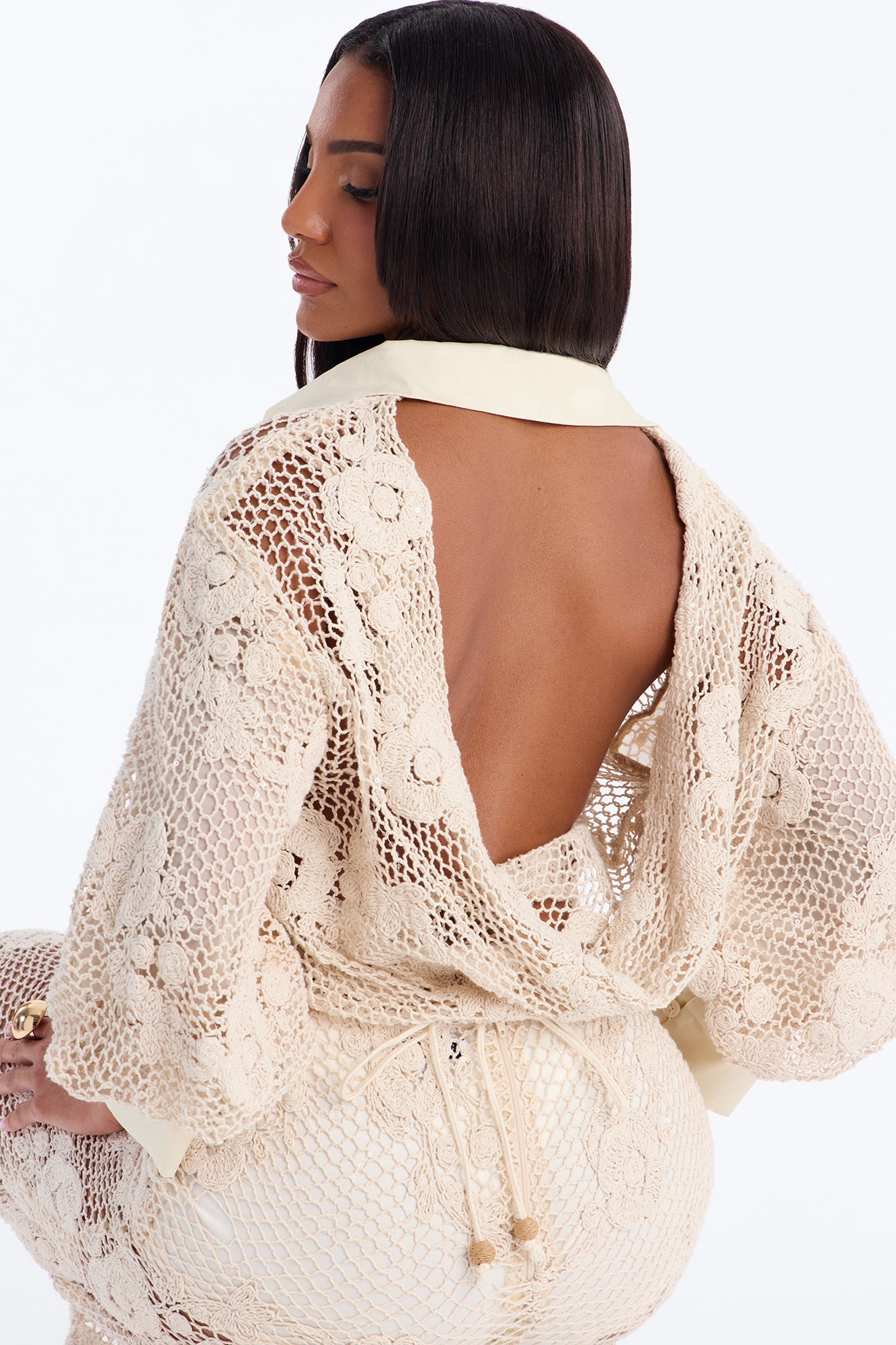 Iris Sequin Crochet 3 Piece Pant Set - Natural