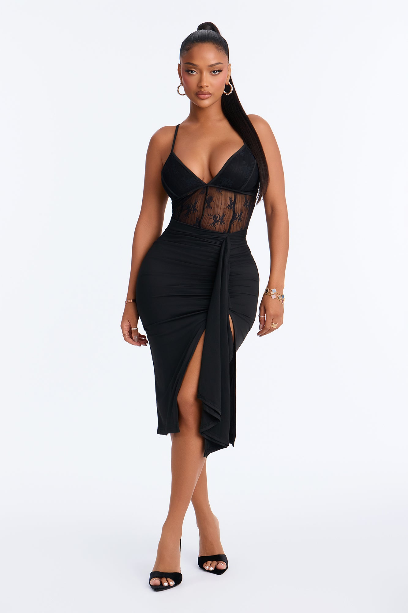 Out After Dark Ruched Midi Dress - Black