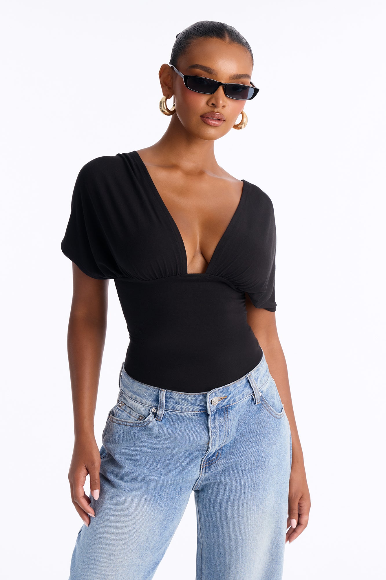 Sophie Ruched Short Sleeve V-Neck Bodysuit - Black
