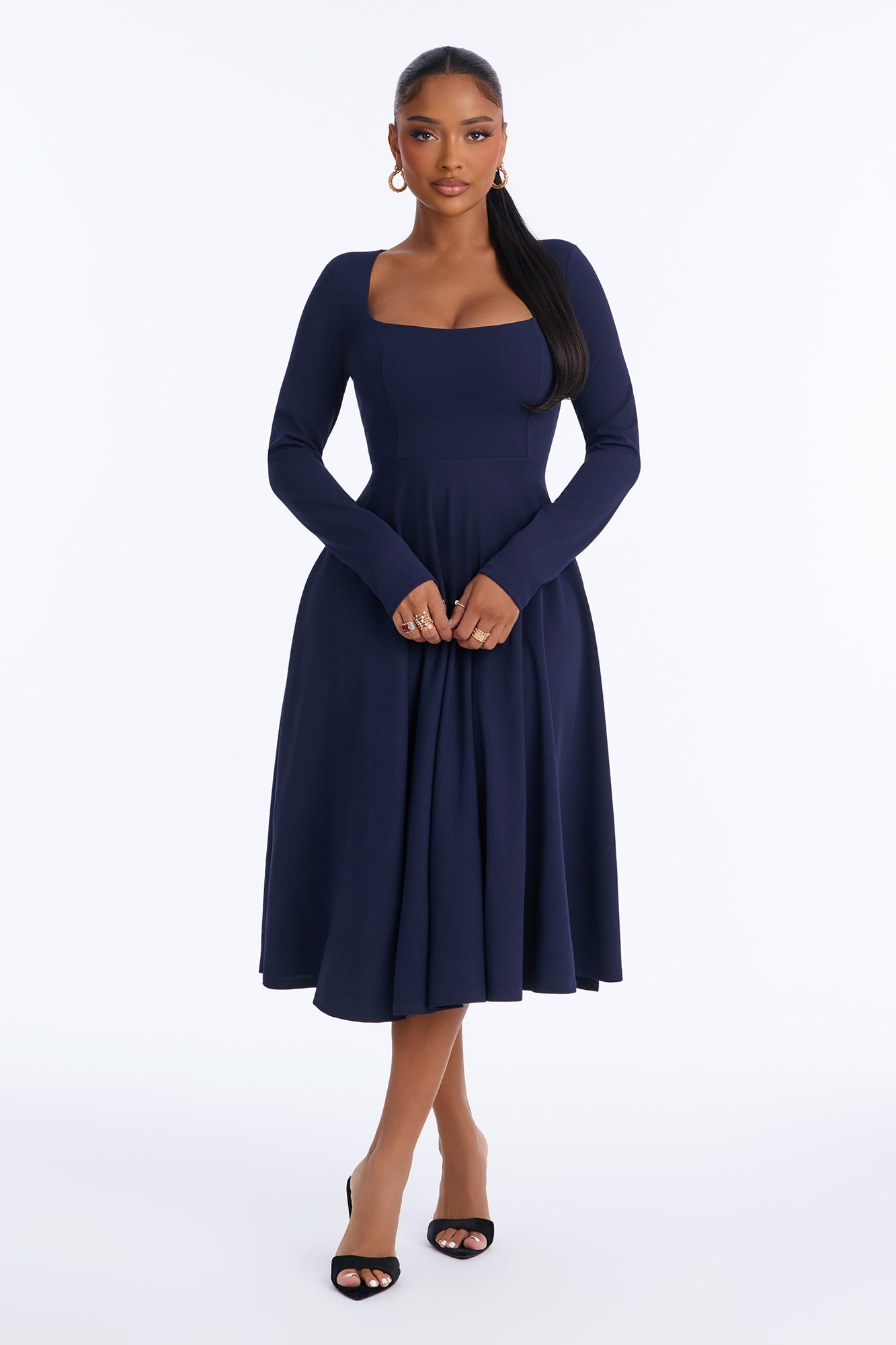 Alena Long Sleeve Midi Dress - Navy