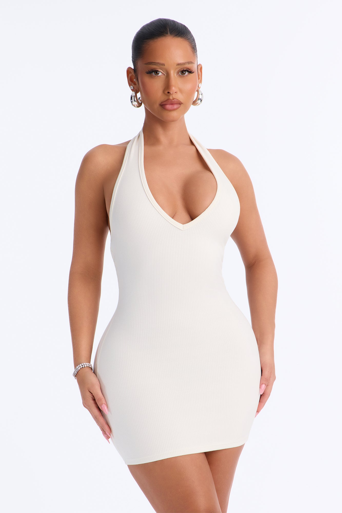 Celeste Snatched Halter Mini Dress - Off White
