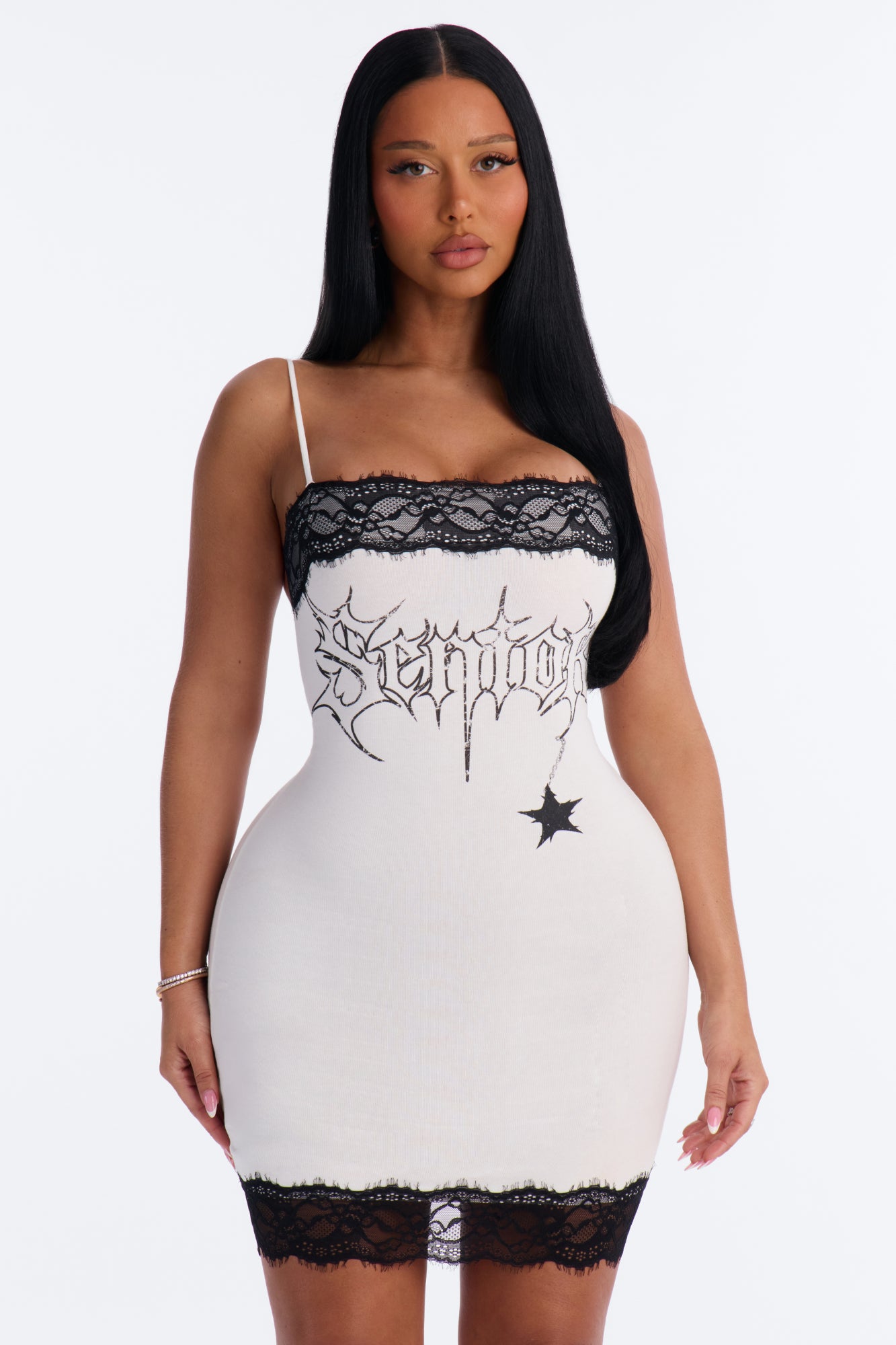 High Status Lace Trim Cotton Mini Dress - White/Black