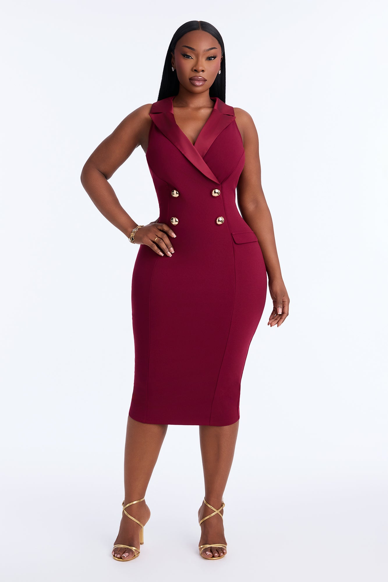 Mackenzie Double Breasted Crepe Knit Midi Dress - Wine