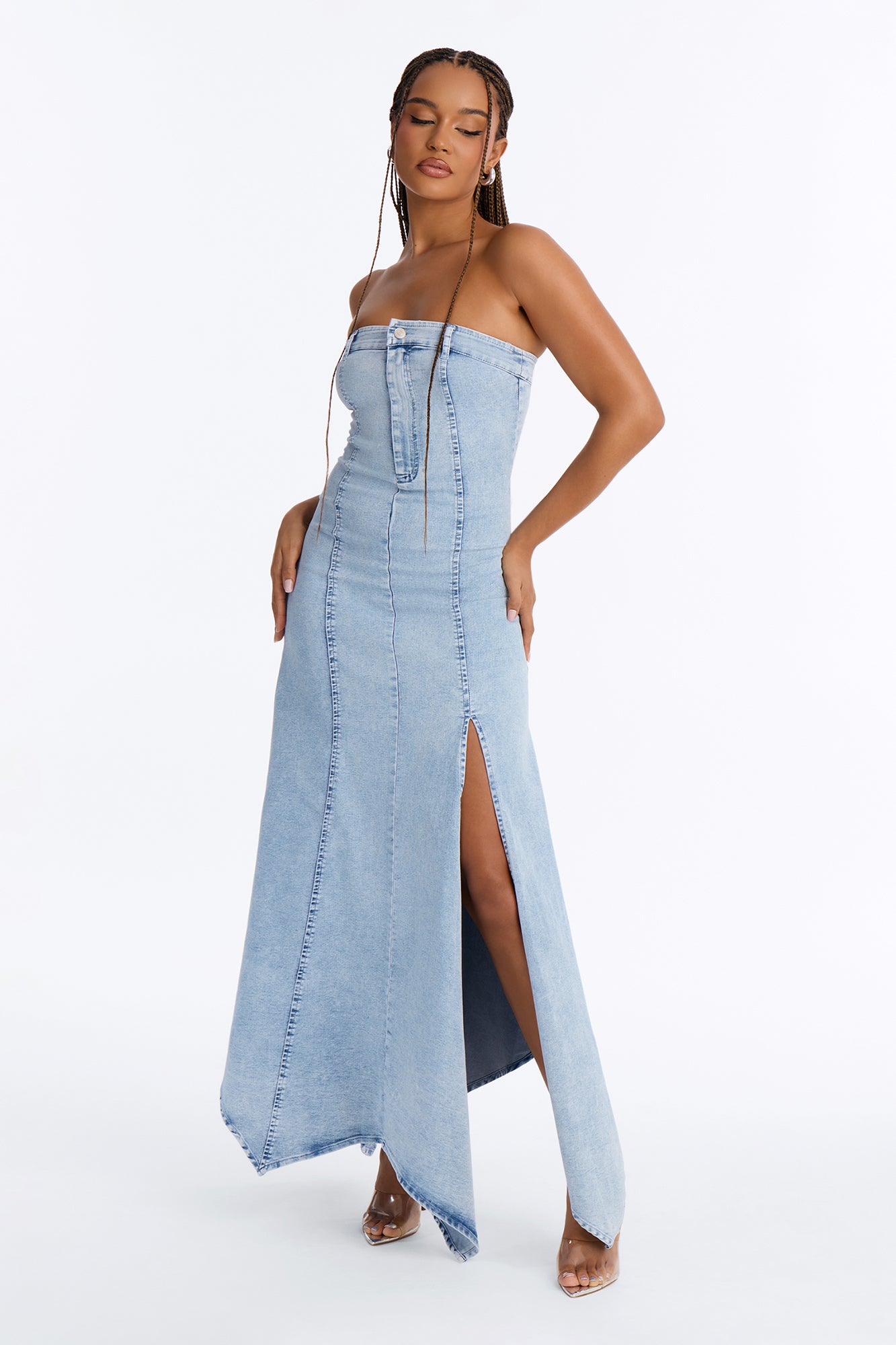 Fashion Killer Strapless Denim Maxi Dress - Acid Wash Blue