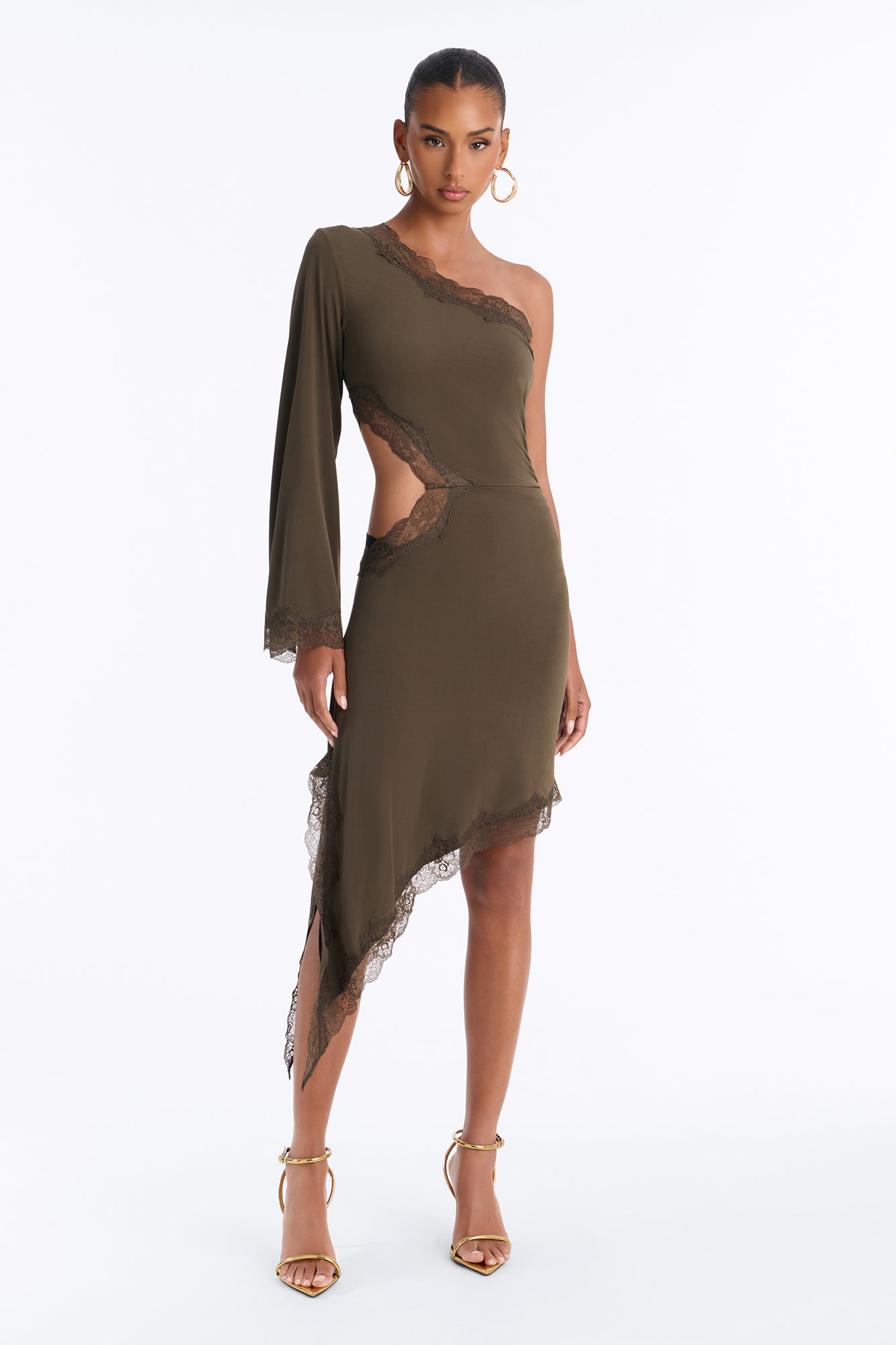 Can't Play Nice Lace Asymmetrical Midi Dress - Olive