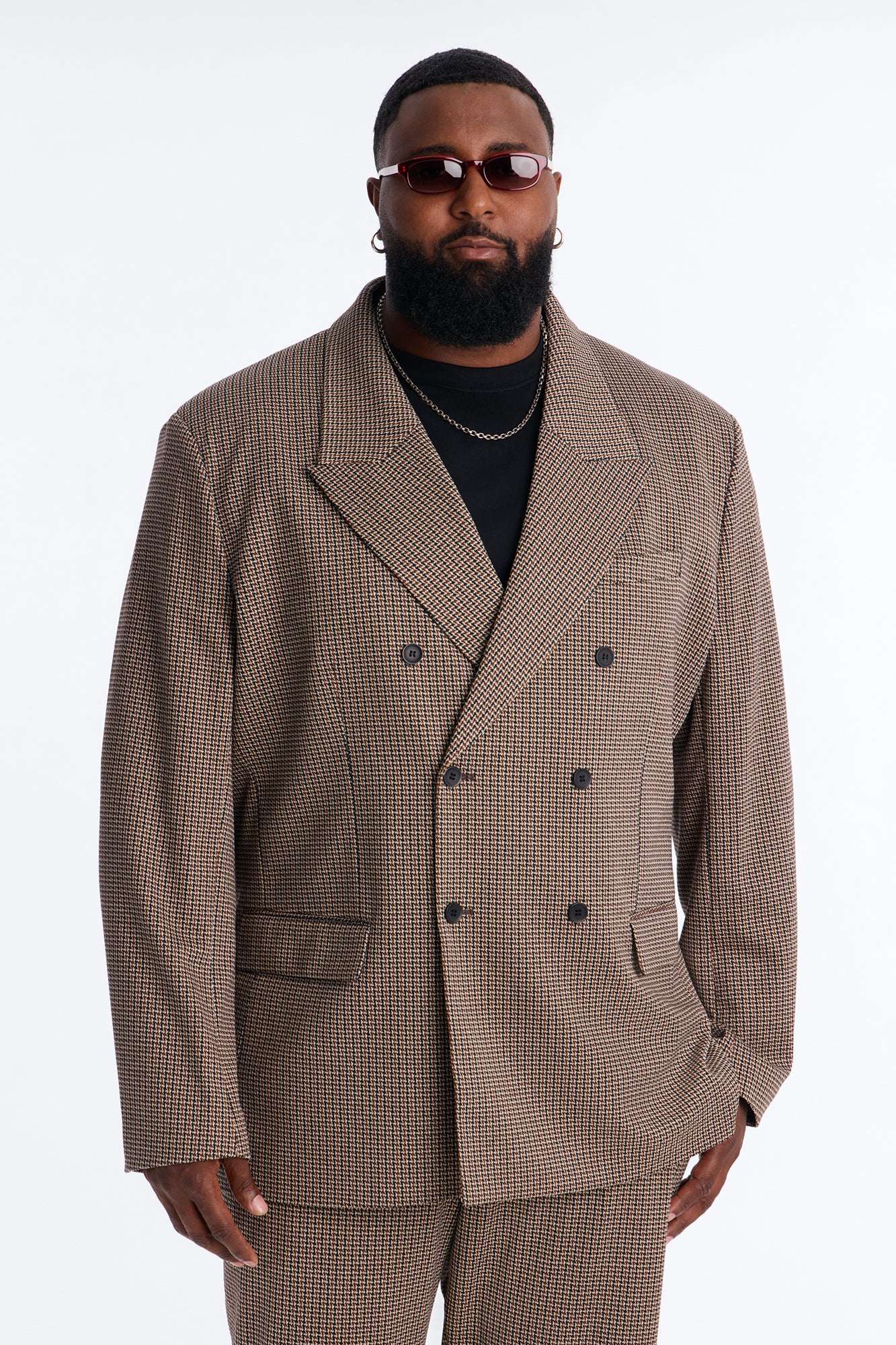 Executive Houndstooth Double Breasted Blazer - Brown
